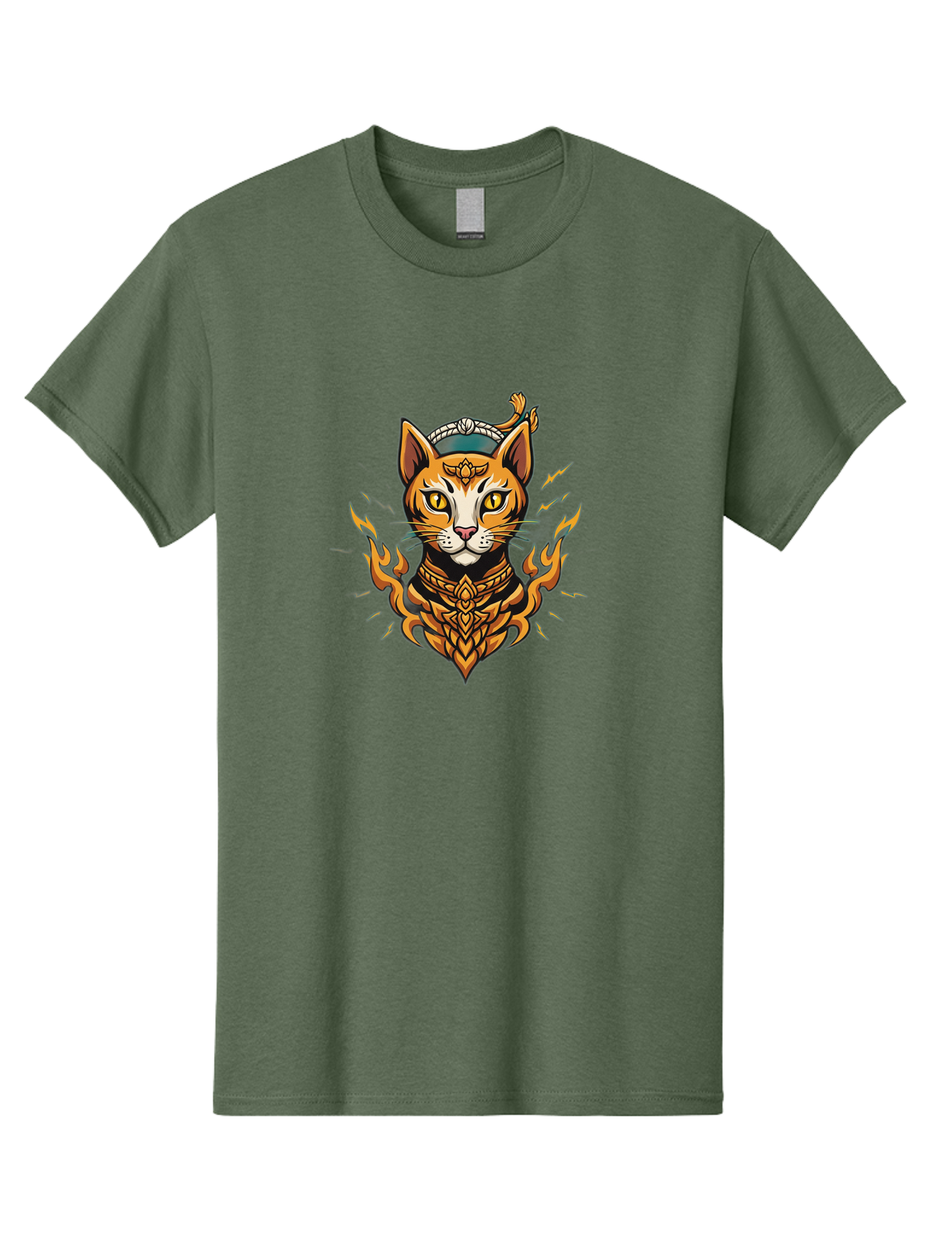 Warrior-Cat-Head Men'S Graphic Tee, 100% Cotton, Comfortable Casual Summer Wear, Machine Washable, Cat With Golden Armor, Warrior Cat, Fantasy Animal, Fierce Expression, Intense Gaze, Sword On Head, Flames, Mystical, Mythical Creature, Bae818
