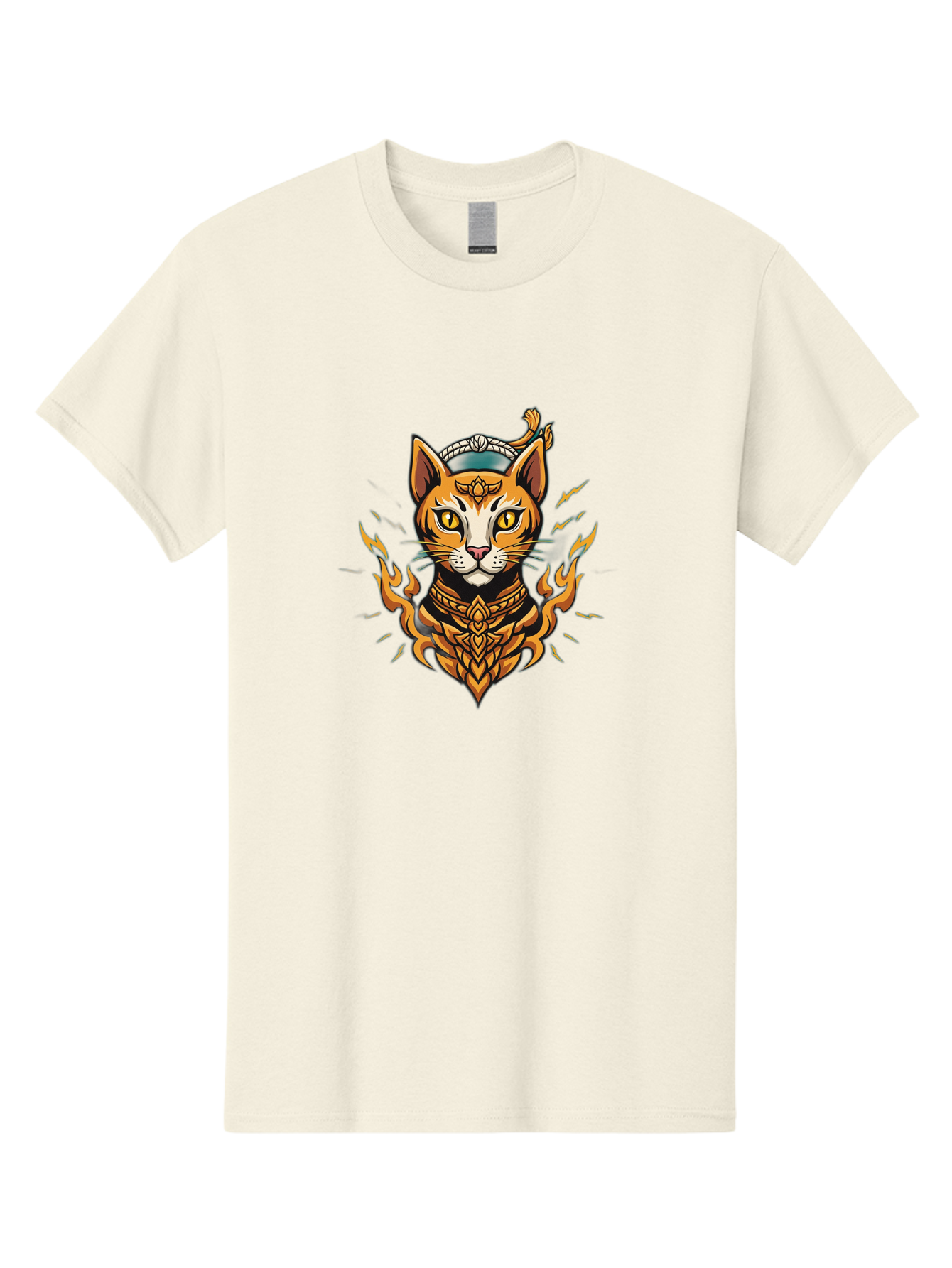 Warrior-Cat-Head Men'S Graphic Tee, 100% Cotton, Comfortable Casual Summer Wear, Machine Washable, Cat With Golden Armor, Warrior Cat, Fantasy Animal, Fierce Expression, Intense Gaze, Sword On Head, Flames, Mystical, Mythical Creature, Bae818