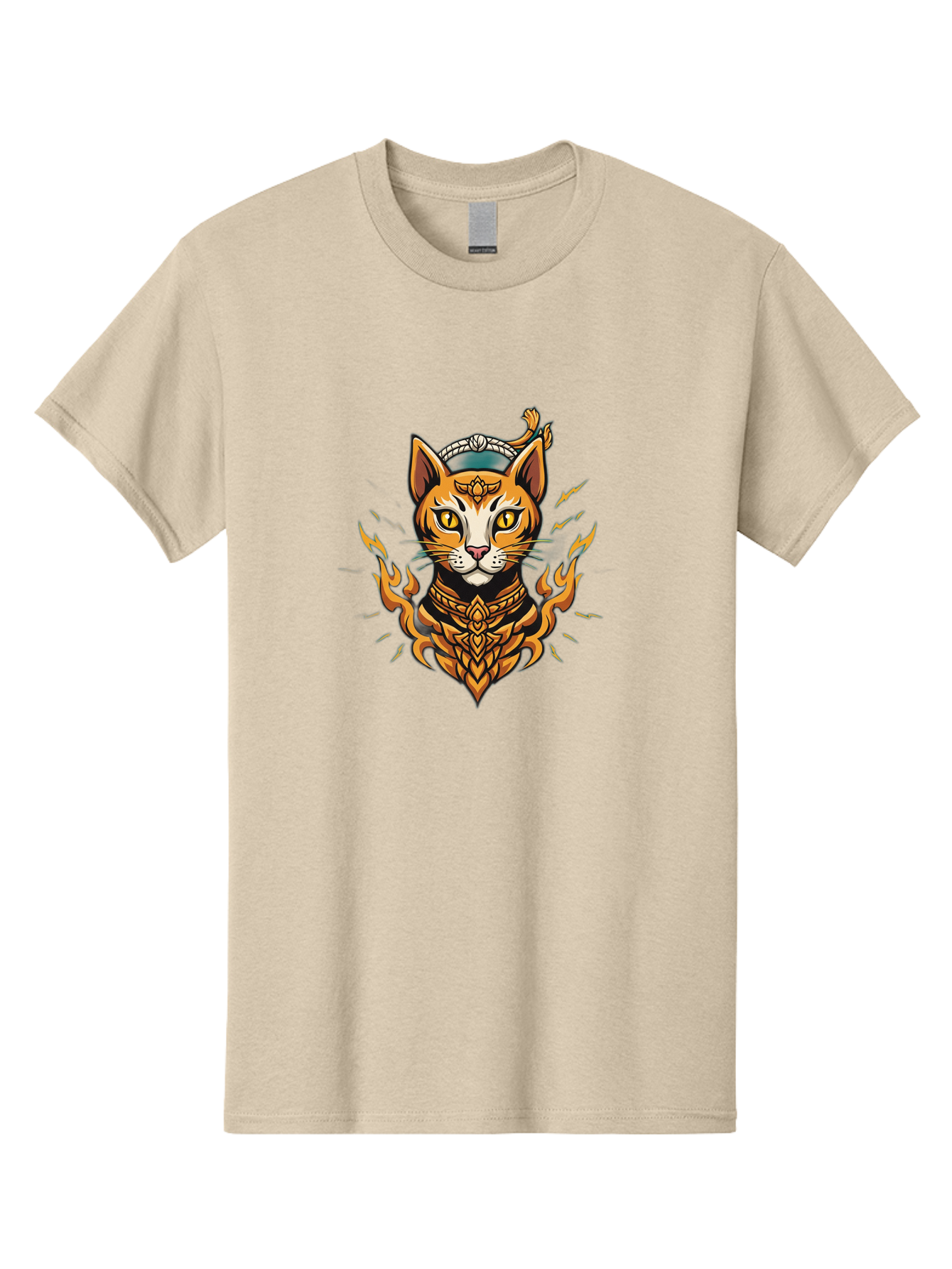 Warrior-Cat-Head Men'S Graphic Tee, 100% Cotton, Comfortable Casual Summer Wear, Machine Washable, Cat With Golden Armor, Warrior Cat, Fantasy Animal, Fierce Expression, Intense Gaze, Sword On Head, Flames, Mystical, Mythical Creature, Bae818