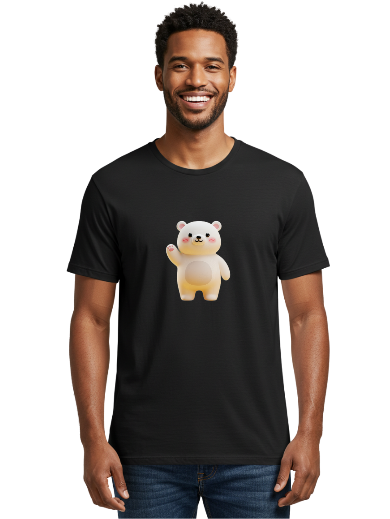 White-Bear-1 Men'S Graphic Tee, 100% Cotton, Comfortable Casual Summer Wear, Machine Washable, Cute Cartoon Bear, White Bear Figurine, Smiling Face, Waving Hand, Soft Toy, Kawaii Character, Nursery Decoration, Plushie, Adorable Animal, Bae819