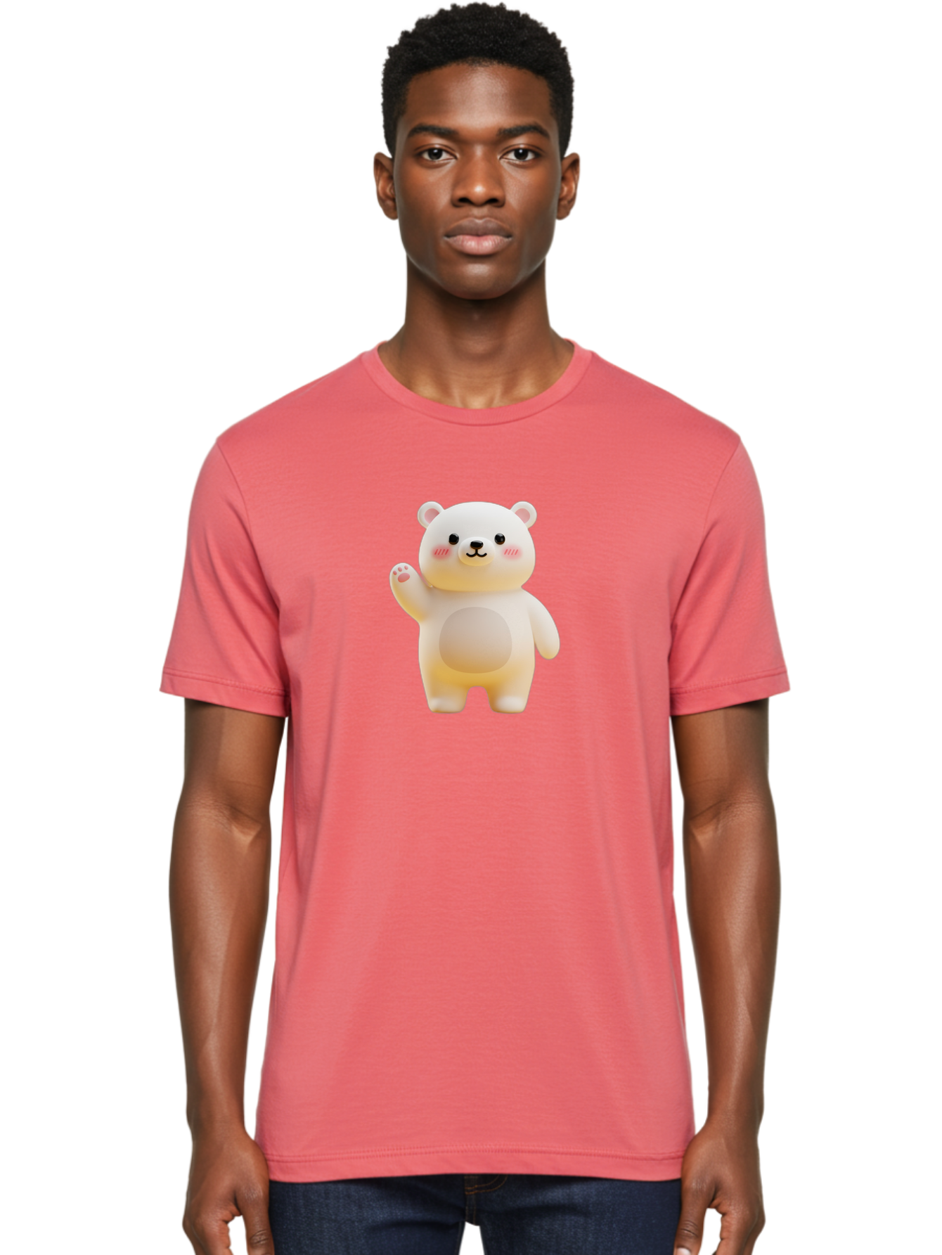 White-Bear-1 Men'S Graphic Tee, 100% Cotton, Comfortable Casual Summer Wear, Machine Washable, Cute Cartoon Bear, White Bear Figurine, Smiling Face, Waving Hand, Soft Toy, Kawaii Character, Nursery Decoration, Plushie, Adorable Animal, Bae819