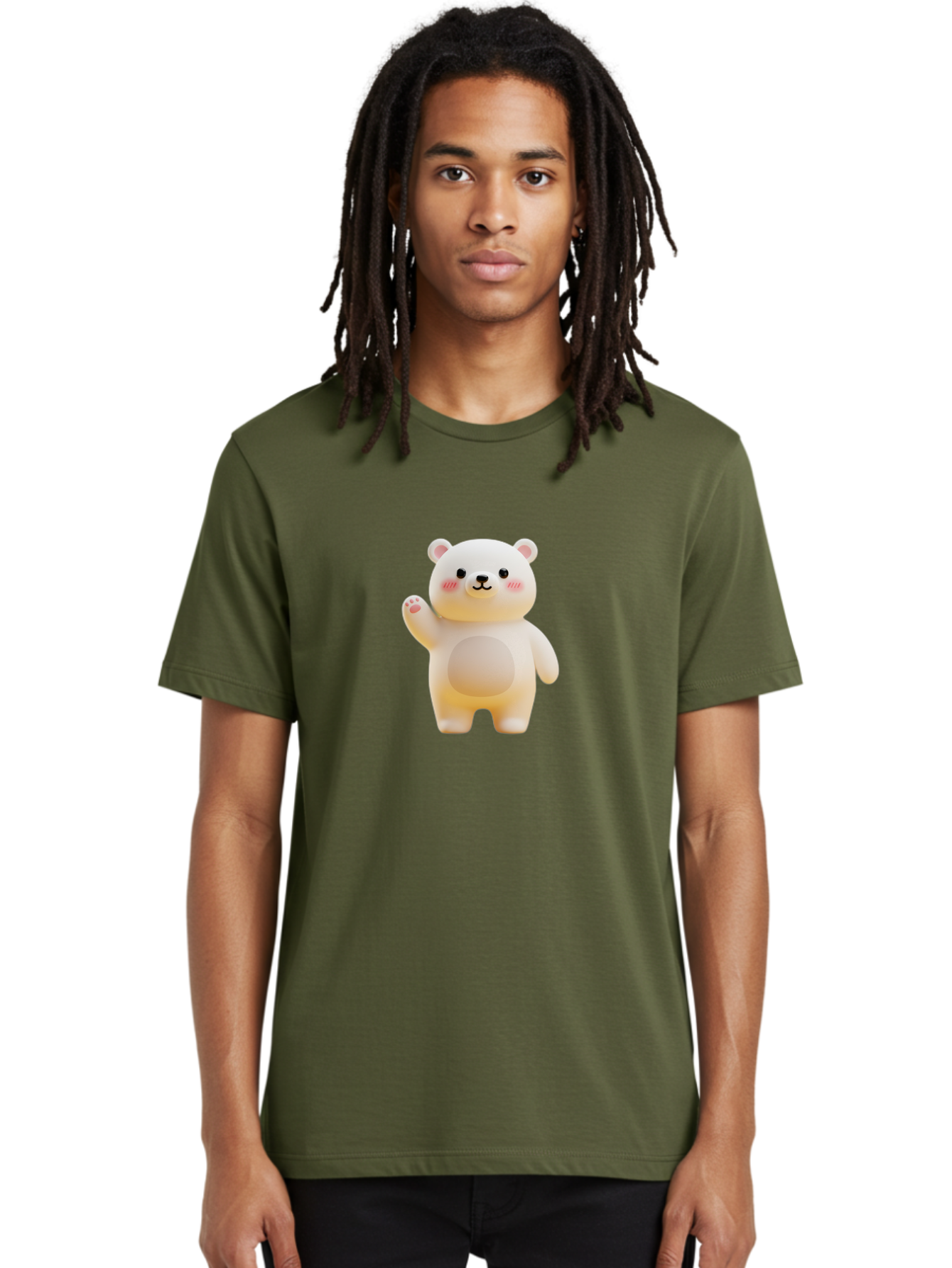 White-Bear-1 Men'S Graphic Tee, 100% Cotton, Comfortable Casual Summer Wear, Machine Washable, Cute Cartoon Bear, White Bear Figurine, Smiling Face, Waving Hand, Soft Toy, Kawaii Character, Nursery Decoration, Plushie, Adorable Animal, Bae819