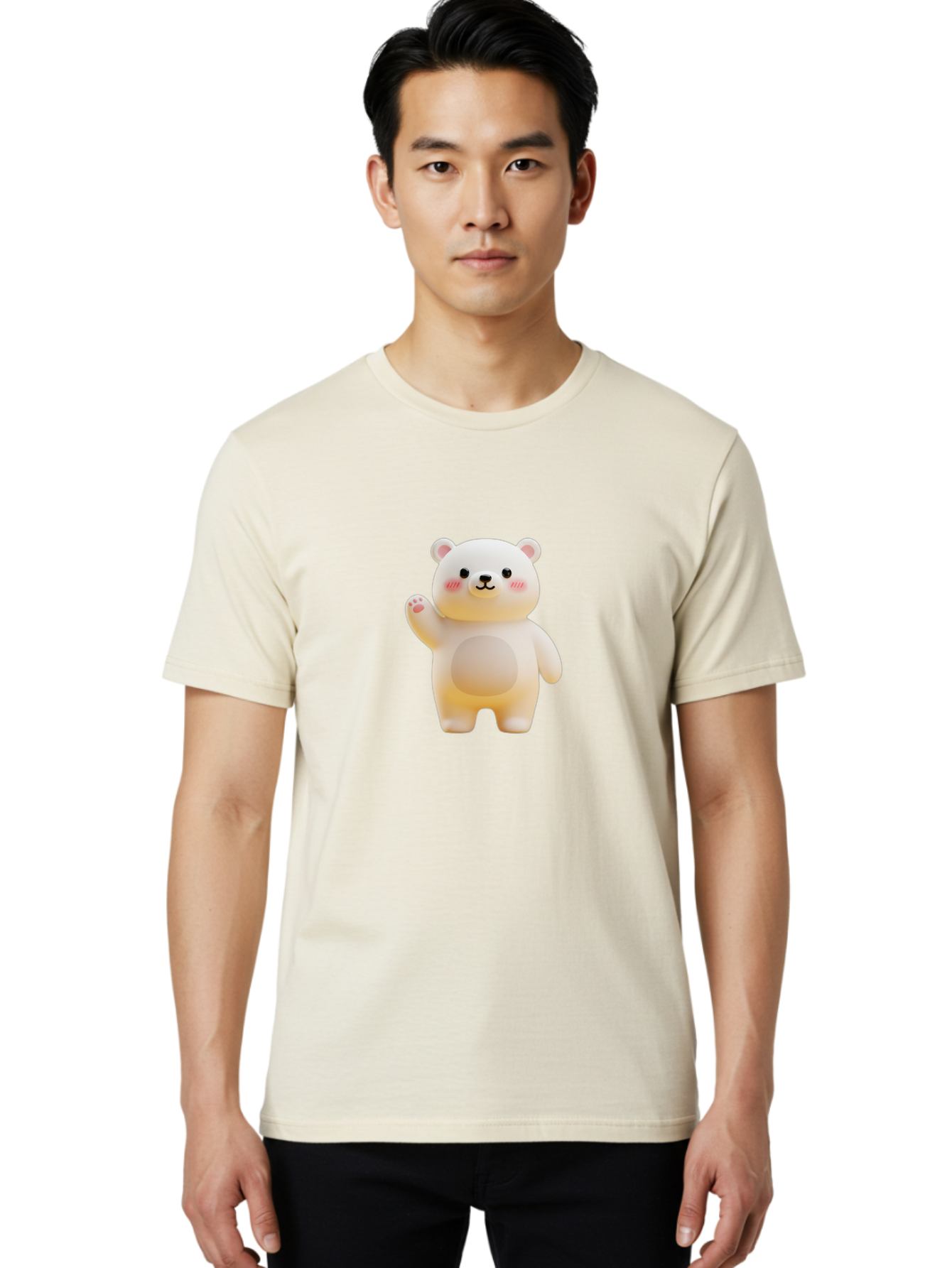 White-Bear-1 Men'S Graphic Tee, 100% Cotton, Comfortable Casual Summer Wear, Machine Washable, Cute Cartoon Bear, White Bear Figurine, Smiling Face, Waving Hand, Soft Toy, Kawaii Character, Nursery Decoration, Plushie, Adorable Animal, Bae819