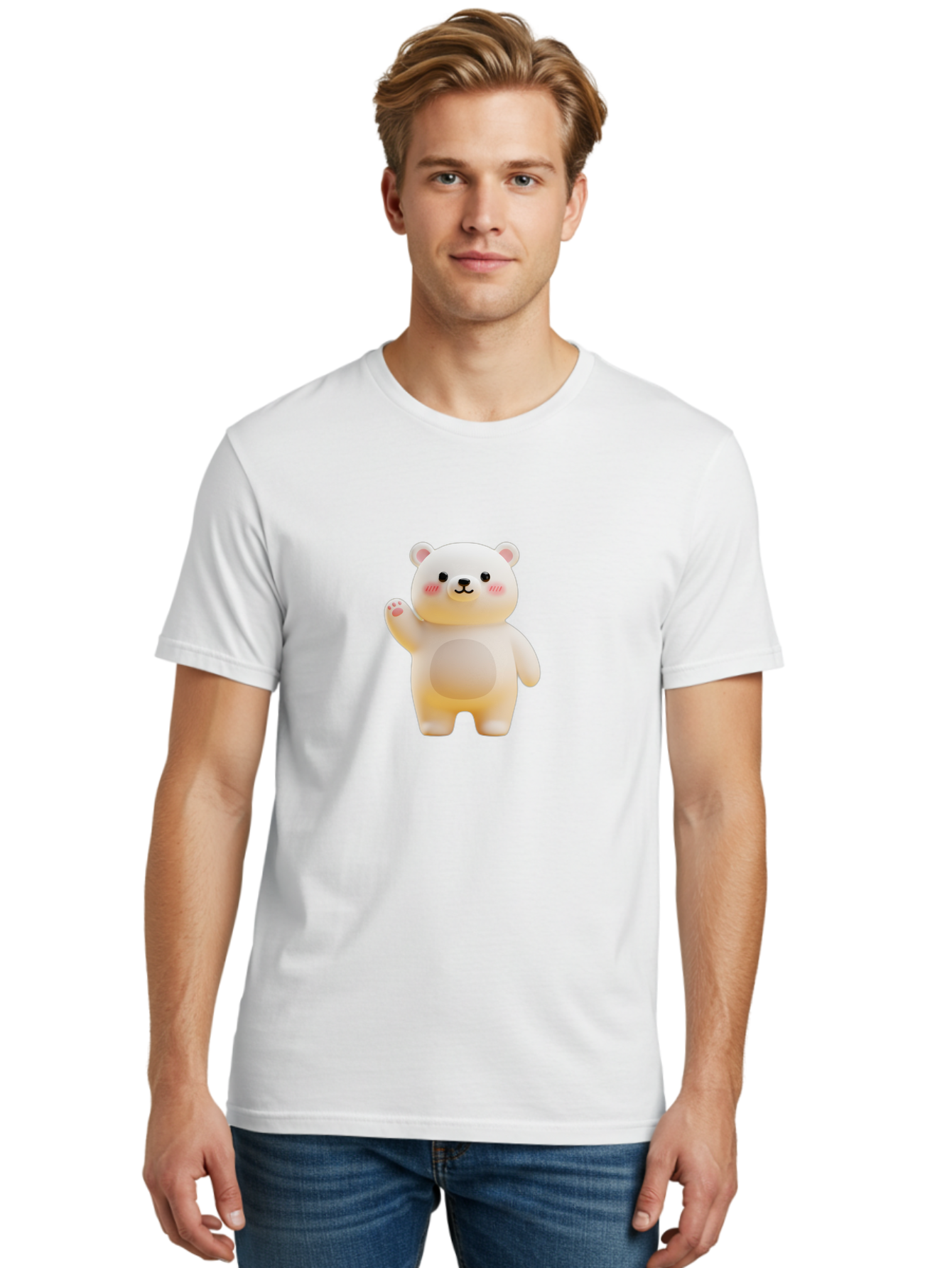 White-Bear-1 Men'S Graphic Tee, 100% Cotton, Comfortable Casual Summer Wear, Machine Washable, Cute Cartoon Bear, White Bear Figurine, Smiling Face, Waving Hand, Soft Toy, Kawaii Character, Nursery Decoration, Plushie, Adorable Animal, Bae819