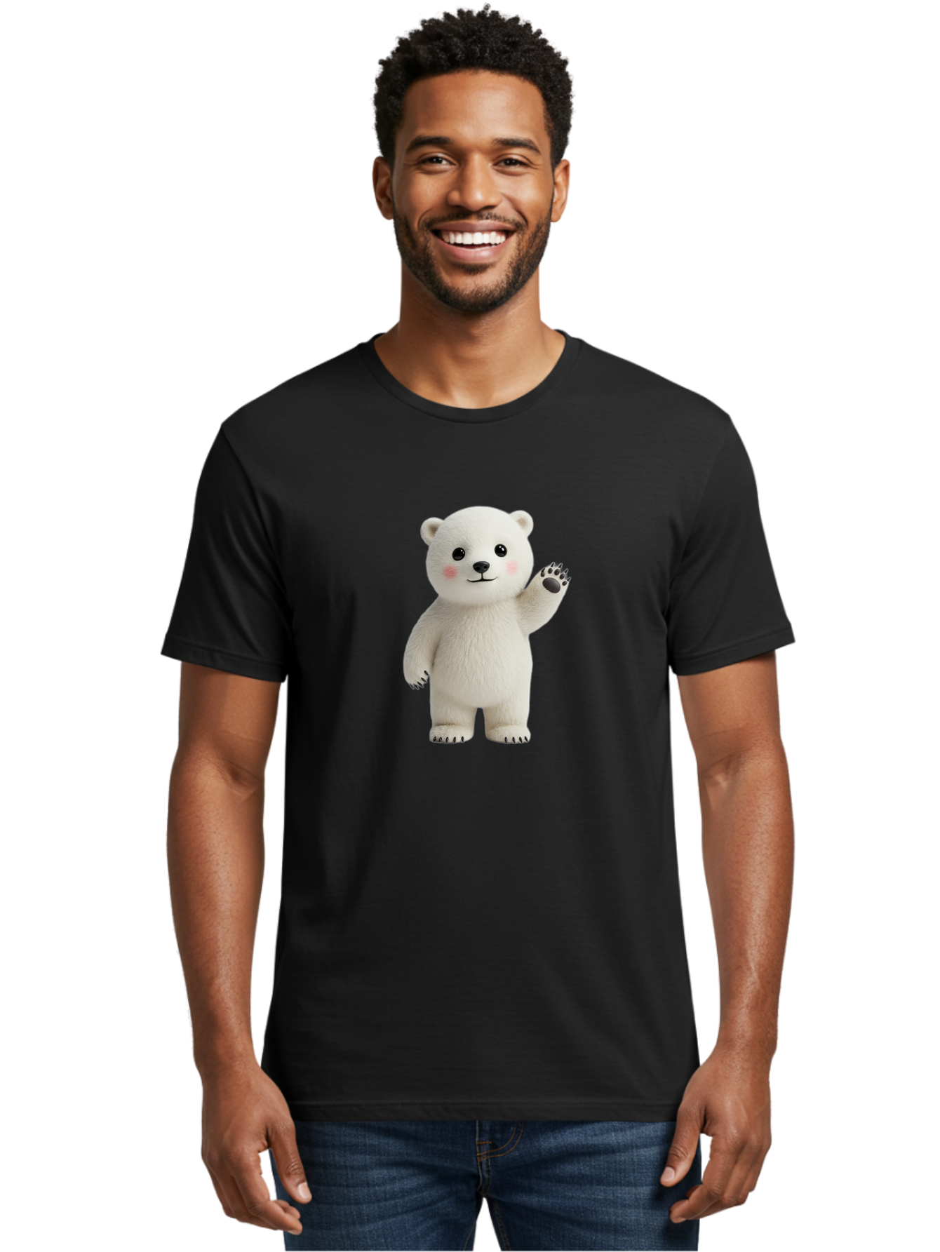White-Bear Men'S Graphic Tee, 100% Cotton, Comfortable Casual Summer Wear, Machine Washable, Cute Polar Bear, Cartoon Character, Fluffy White Fur, Friendly Gesture, Waving Paw, Adorable Expression, 3D Rendering, Digital Art, Cartoon Style, Bae820