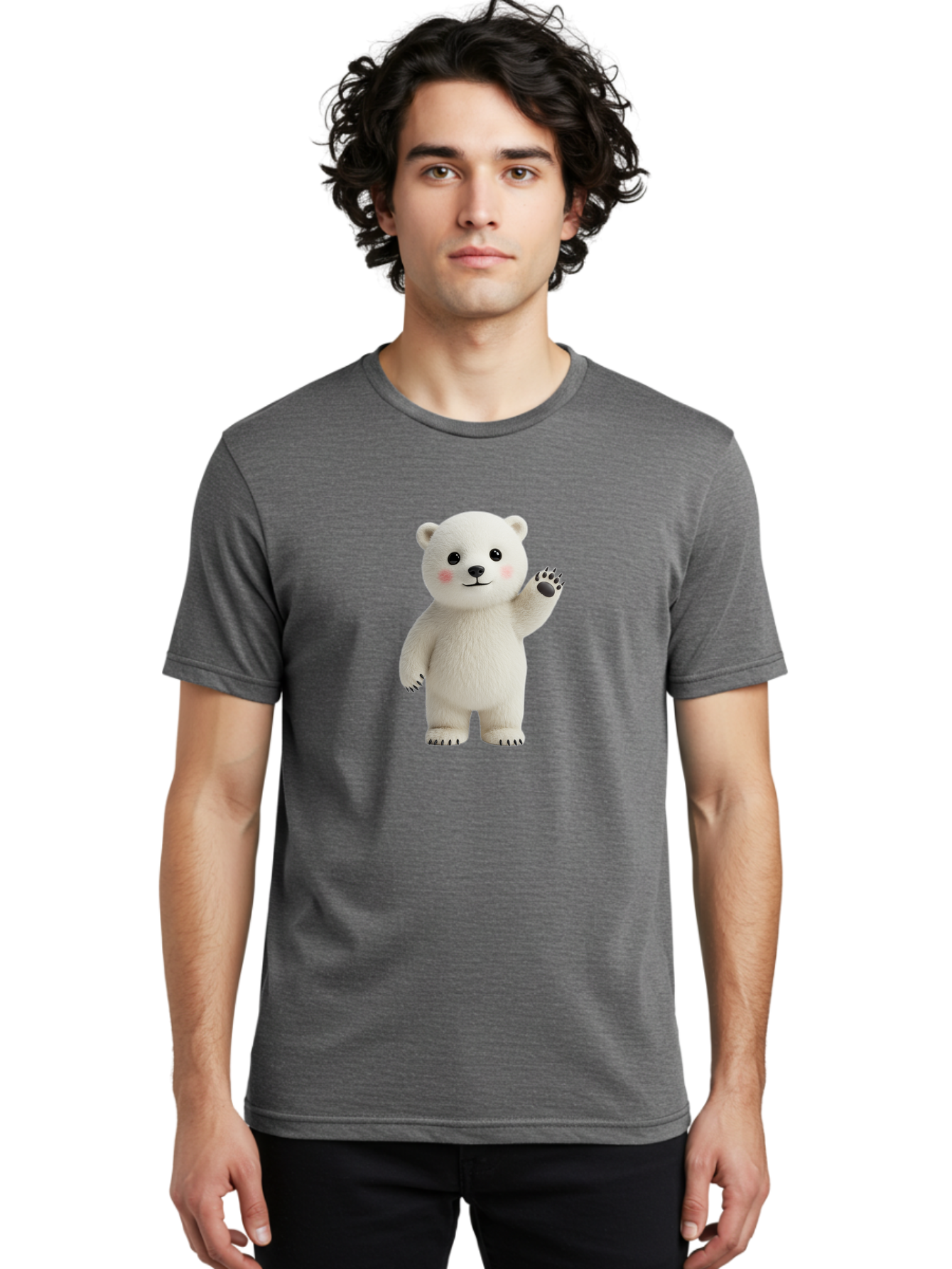 White-Bear Men'S Graphic Tee, 100% Cotton, Comfortable Casual Summer Wear, Machine Washable, Cute Polar Bear, Cartoon Character, Fluffy White Fur, Friendly Gesture, Waving Paw, Adorable Expression, 3D Rendering, Digital Art, Cartoon Style, Bae820