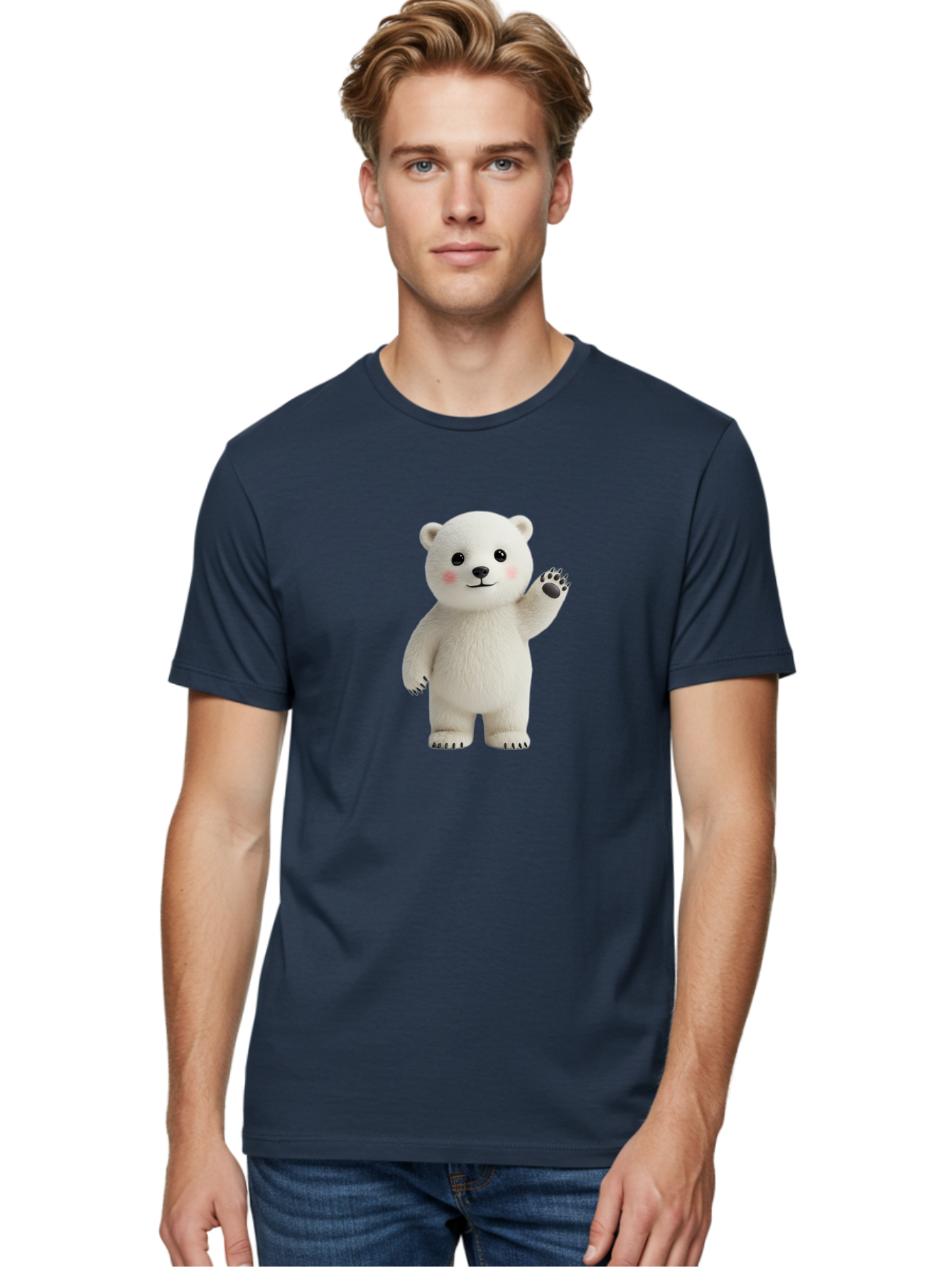 White-Bear Men'S Graphic Tee, 100% Cotton, Comfortable Casual Summer Wear, Machine Washable, Cute Polar Bear, Cartoon Character, Fluffy White Fur, Friendly Gesture, Waving Paw, Adorable Expression, 3D Rendering, Digital Art, Cartoon Style, Bae820