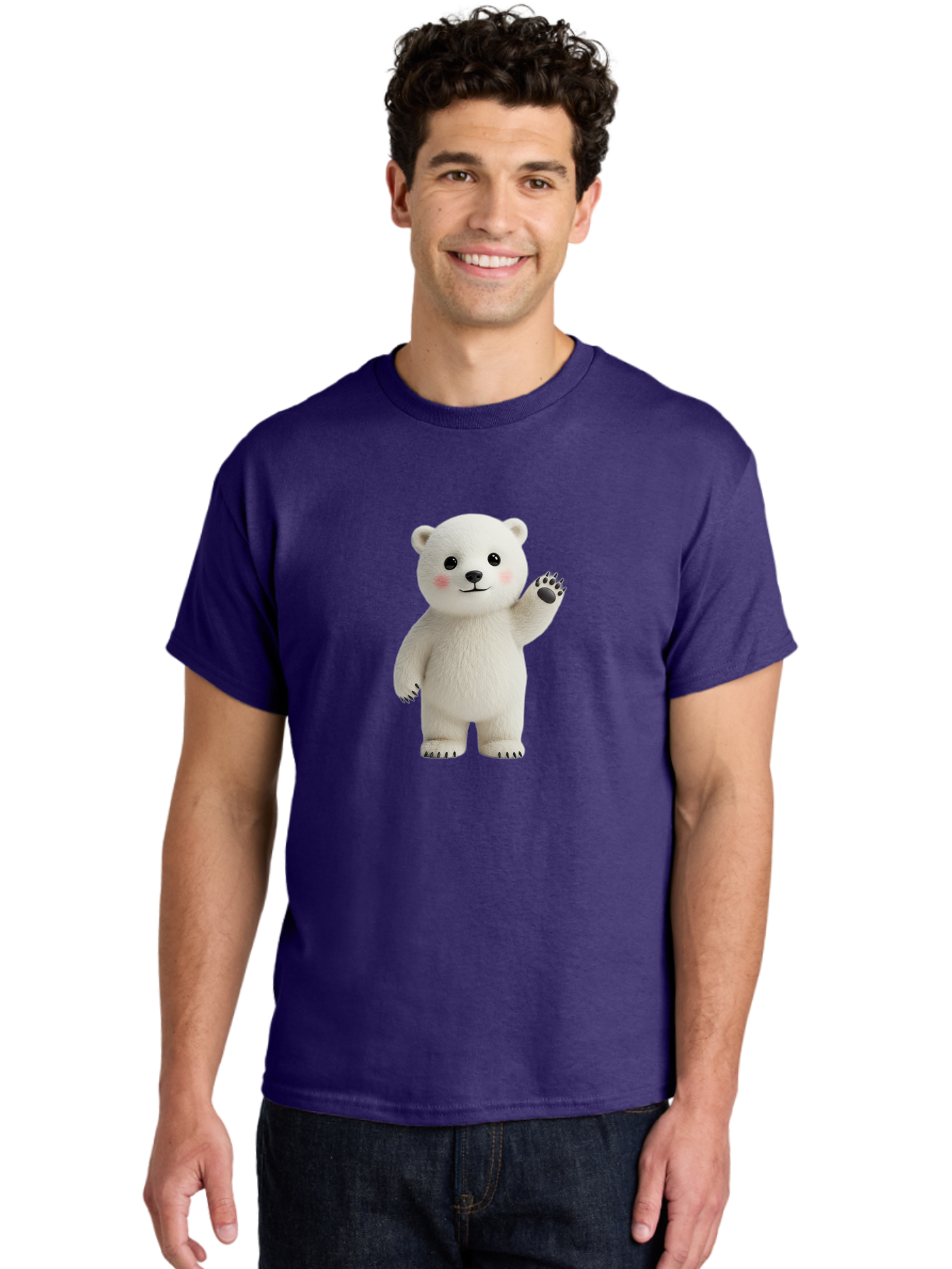 White-Bear Men'S Graphic Tee, 100% Cotton, Comfortable Casual Summer Wear, Machine Washable, Cute Polar Bear, Cartoon Character, Fluffy White Fur, Friendly Gesture, Waving Paw, Adorable Expression, 3D Rendering, Digital Art, Cartoon Style, Bae820