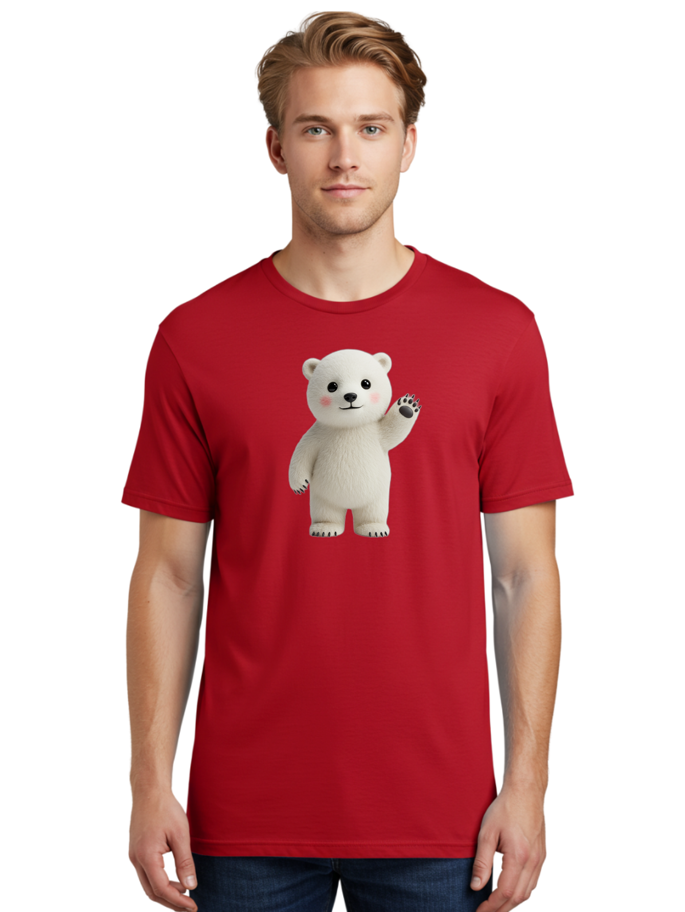 White-Bear Men'S Graphic Tee, 100% Cotton, Comfortable Casual Summer Wear, Machine Washable, Cute Polar Bear, Cartoon Character, Fluffy White Fur, Friendly Gesture, Waving Paw, Adorable Expression, 3D Rendering, Digital Art, Cartoon Style, Bae820