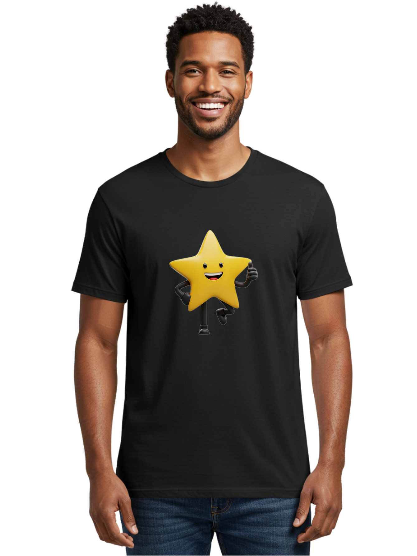 Yellow-Star Men'S Graphic Tee, 100% Cotton, Comfortable Casual Summer Wear, Machine Washable, Cartoon Star, Yellow Star, Smiling Face, Happy Expression, Stick Legs, Animated Character, Funny Star, Cartoon Graphics, Character Design, Bae821