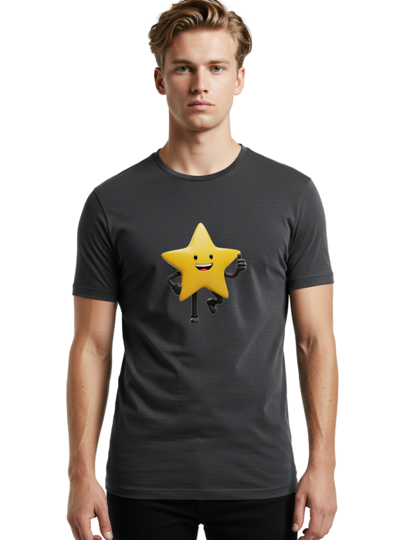 Yellow-Star Men'S Graphic Tee, 100% Cotton, Comfortable Casual Summer Wear, Machine Washable, Cartoon Star, Yellow Star, Smiling Face, Happy Expression, Stick Legs, Animated Character, Funny Star, Cartoon Graphics, Character Design, Bae821