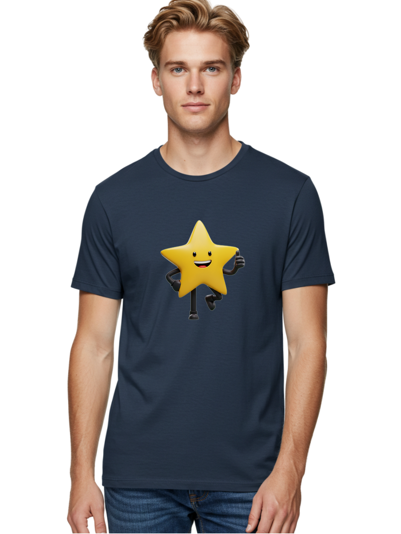 Yellow-Star Men'S Graphic Tee, 100% Cotton, Comfortable Casual Summer Wear, Machine Washable, Cartoon Star, Yellow Star, Smiling Face, Happy Expression, Stick Legs, Animated Character, Funny Star, Cartoon Graphics, Character Design, Bae821