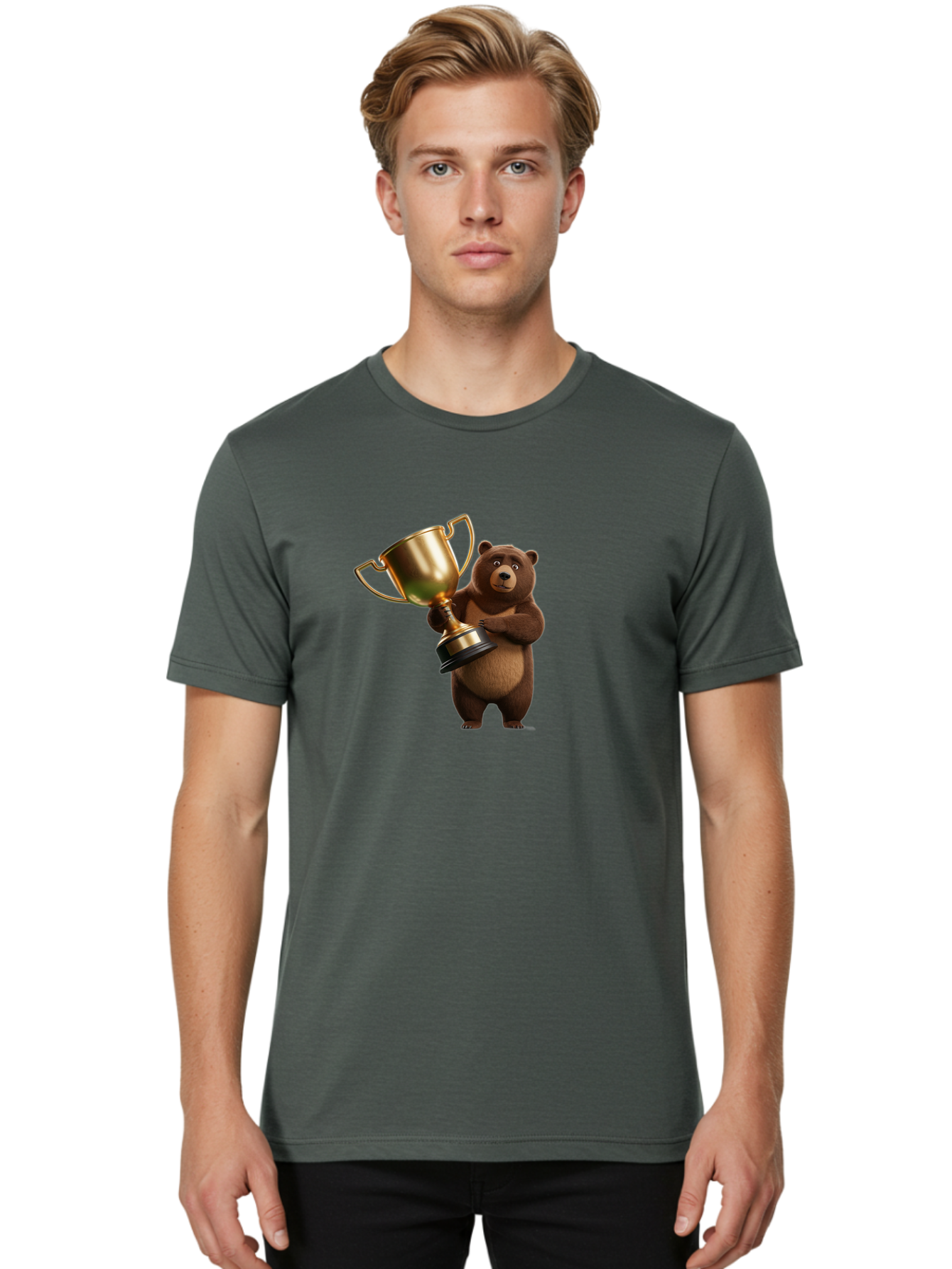 Bear-Holding-Trophy Men'S Graphic Tee, 100% Cotton, Comfortable Casual Summer Wear, Machine Washable, Vintage Camera, Old Camera, Antique Camera, Black Camera, Classic Photography, Photography Equipment, Nostalgic Device, Film Camera, Camera Art Bae857