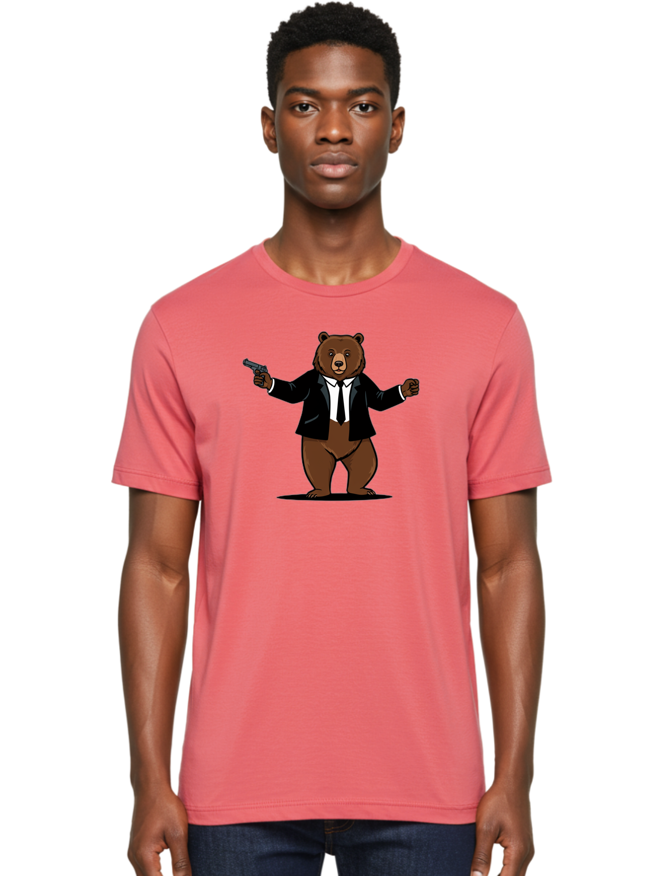 Bear-In-Suit-Holding-Gun Men'S Graphic Tee, 100% Cotton, Comfortable Casual Summer Wear, Machine Washable, Vintage Camera, Old Camera, Antique Camera, Black Camera, Classic Photography, Photography Equipment, Nostalgic Device, Film Camera, Bae859