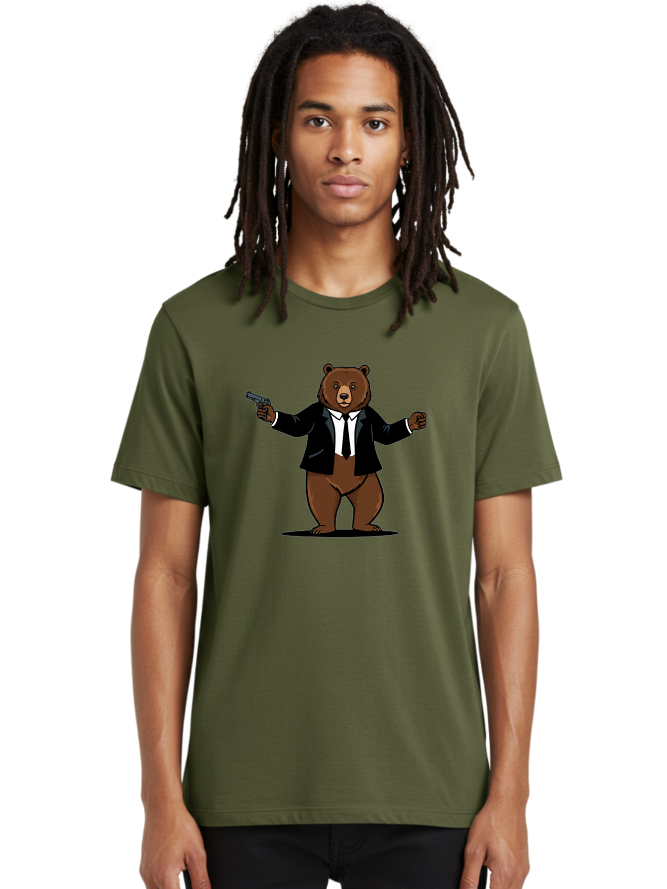 Bear-In-Suit-Holding-Gun Men'S Graphic Tee, 100% Cotton, Comfortable Casual Summer Wear, Machine Washable, Vintage Camera, Old Camera, Antique Camera, Black Camera, Classic Photography, Photography Equipment, Nostalgic Device, Film Camera, Bae859