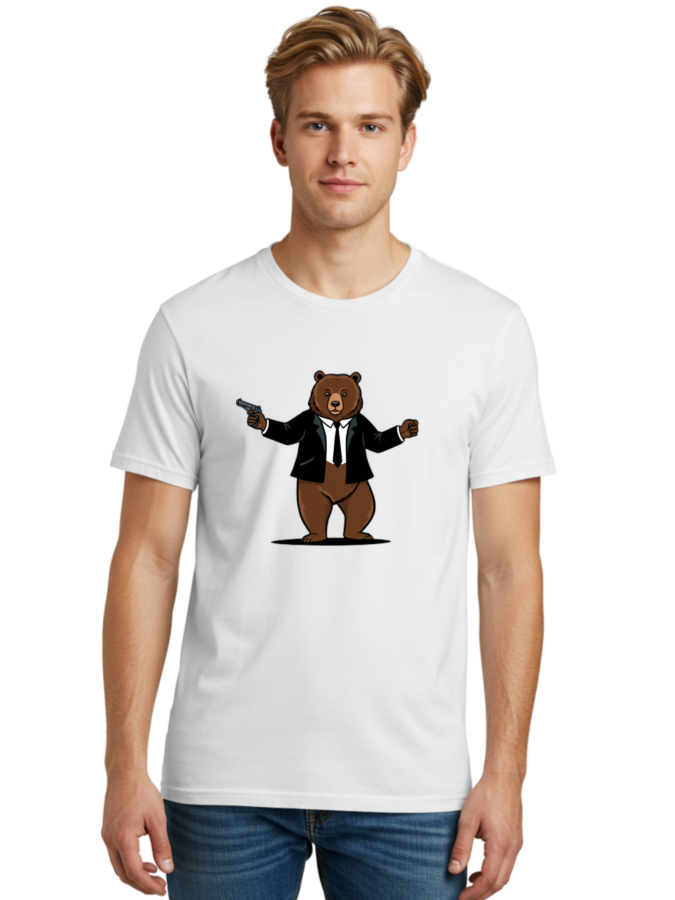 Bear-In-Suit-Holding-Gun Men'S Graphic Tee, 100% Cotton, Comfortable Casual Summer Wear, Machine Washable, Vintage Camera, Old Camera, Antique Camera, Black Camera, Classic Photography, Photography Equipment, Nostalgic Device, Film Camera, Bae859