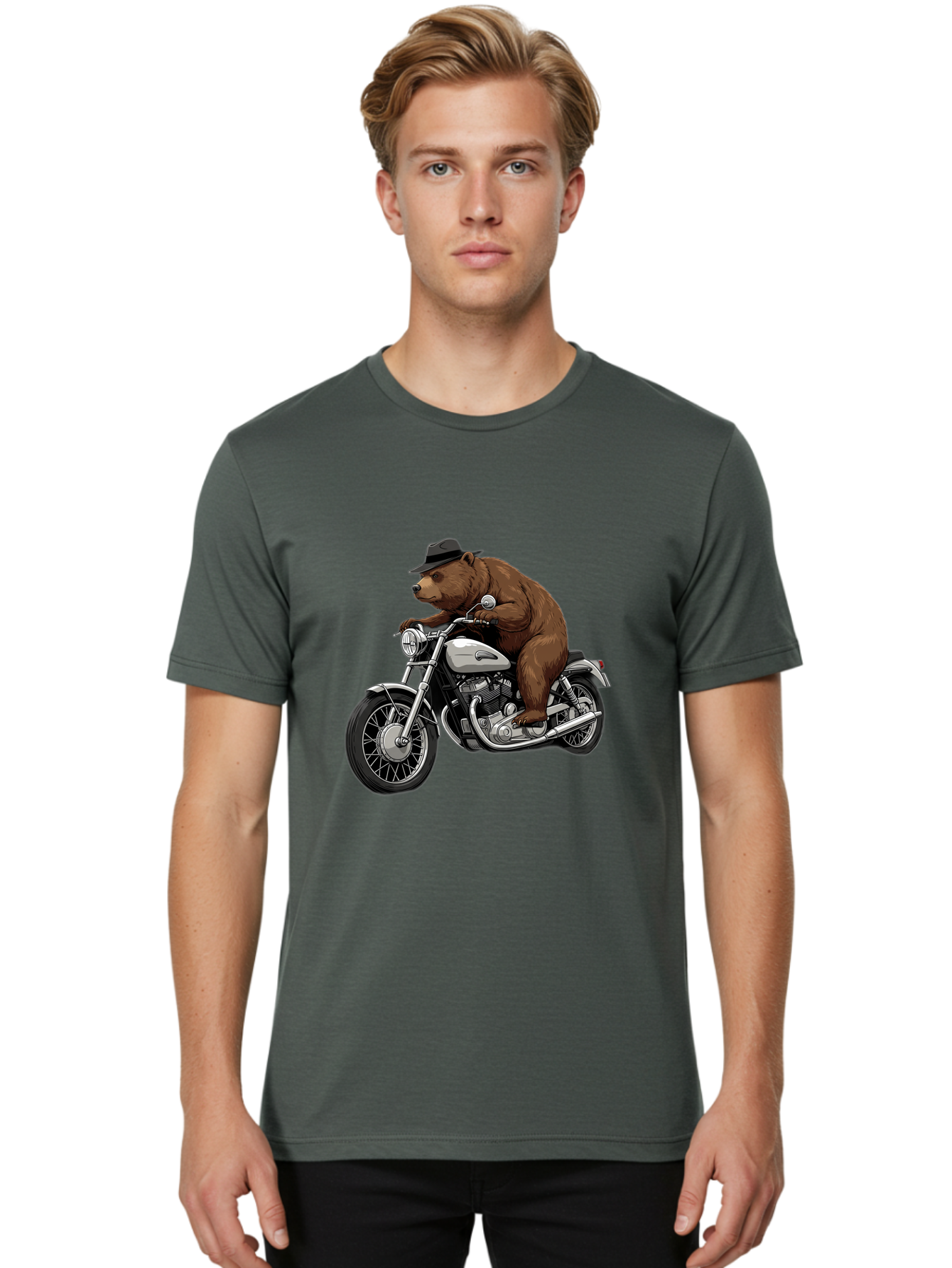 Bear-Riding-Motorcycle Men'S Graphic Tee, 100% Cotton, Comfortable Casual Summer Wear, Machine Washable, Vintage Camera, Old Camera, Antique Camera, Black Camera, Classic Photography, Photography Equipment, Nostalgic Device, Film Camera, Camera Art Bae865