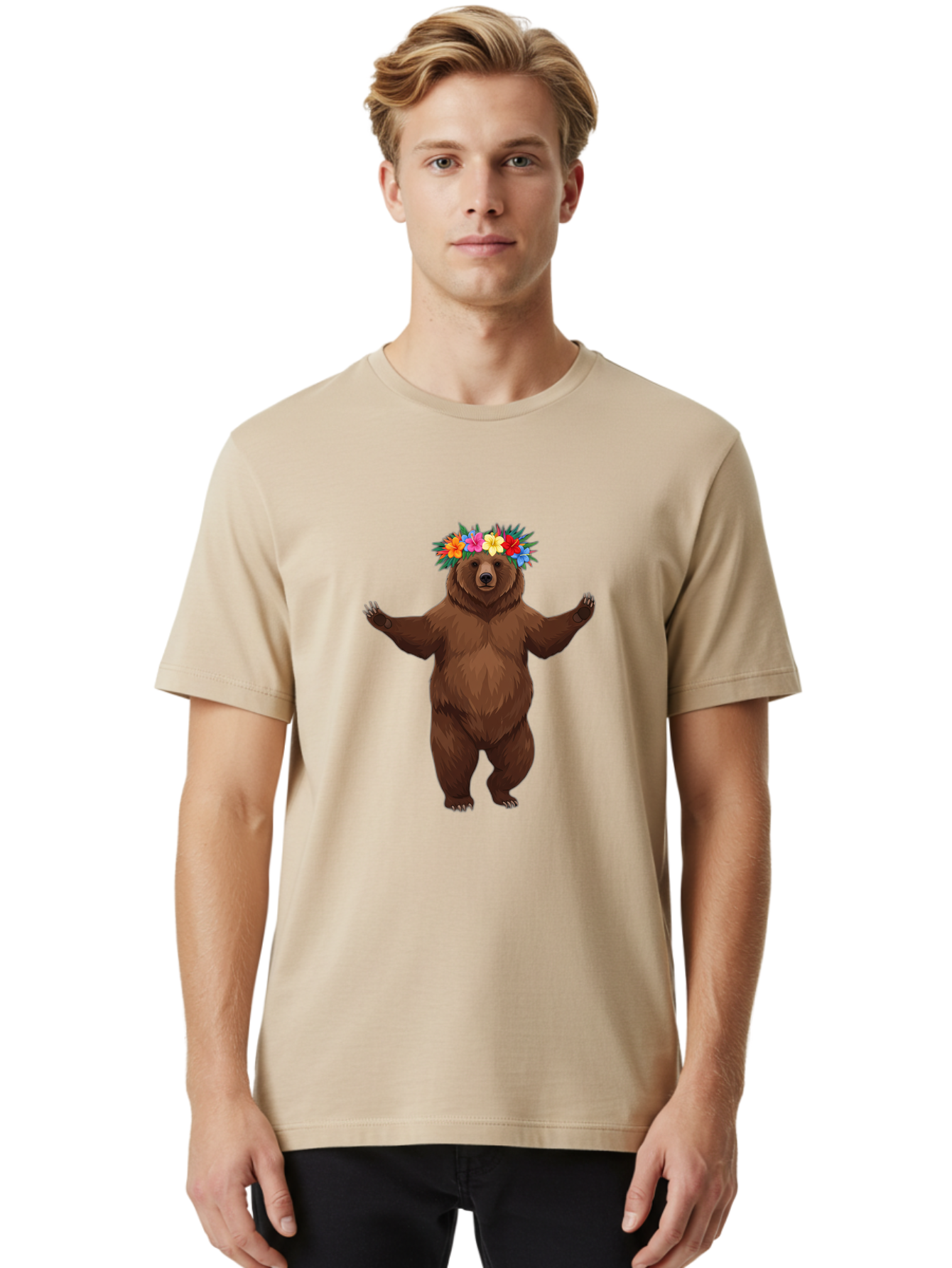 Bear-With-Flowers-1 Men'S Graphic Tee, 100% Cotton, Comfortable Casual Summer Wear, Machine Washable, Vintage Camera, Old Camera, Antique Camera, Black Camera, Classic Photography, Photography Equipment, Nostalgic Device, Film Camera, Camera Art Bae873