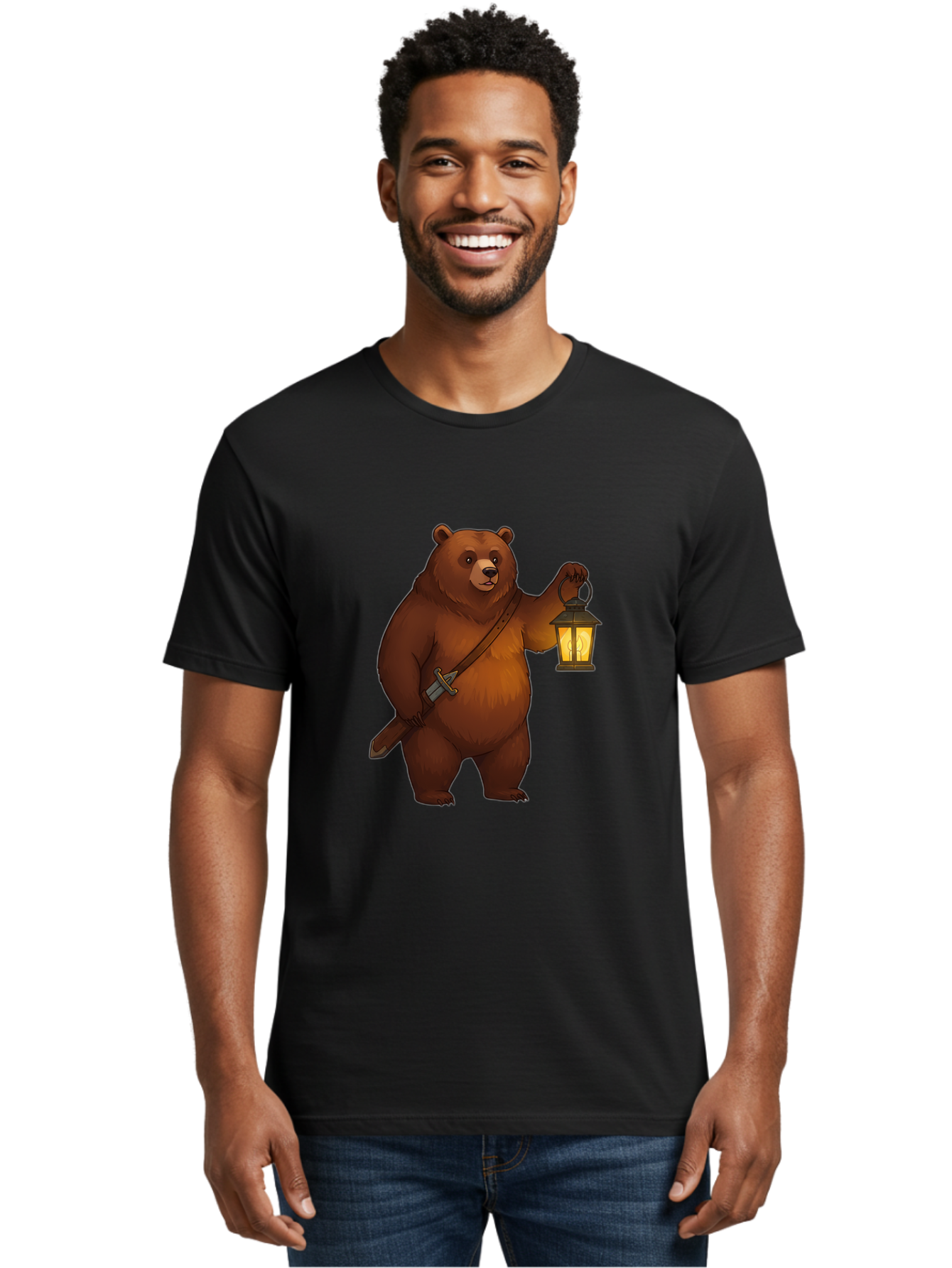 Bear-With-Lantern-2 Men'S Graphic Tee, 100% Cotton, Comfortable Casual Summer Wear, Machine Washable, Vintage Camera, Old Camera, Antique Camera, Black Camera, Classic Photography, Photography Equipment, Nostalgic Device, Film Camera, Camera Art Bae879