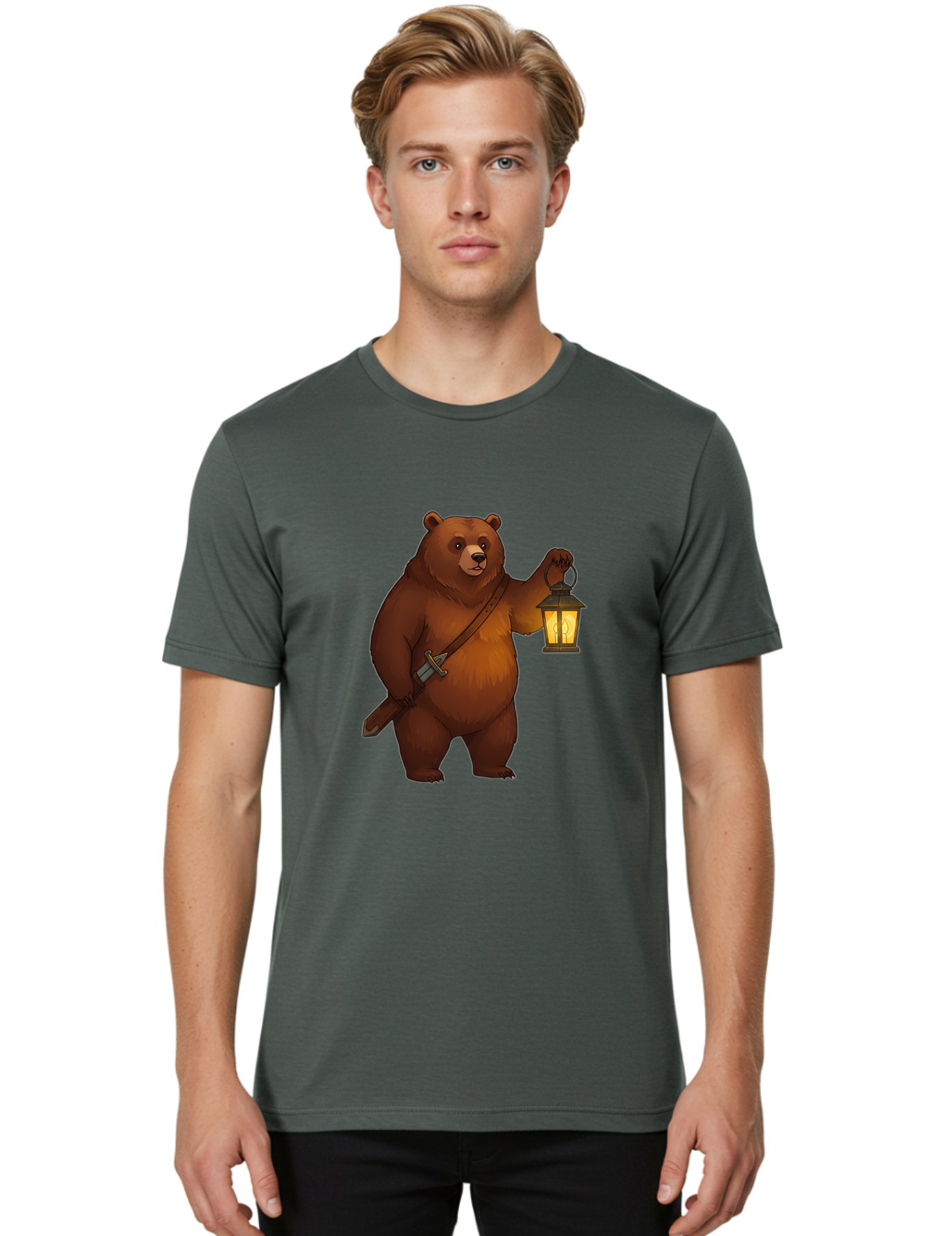 Bear-With-Lantern-2 Men'S Graphic Tee, 100% Cotton, Comfortable Casual Summer Wear, Machine Washable, Vintage Camera, Old Camera, Antique Camera, Black Camera, Classic Photography, Photography Equipment, Nostalgic Device, Film Camera, Camera Art Bae879