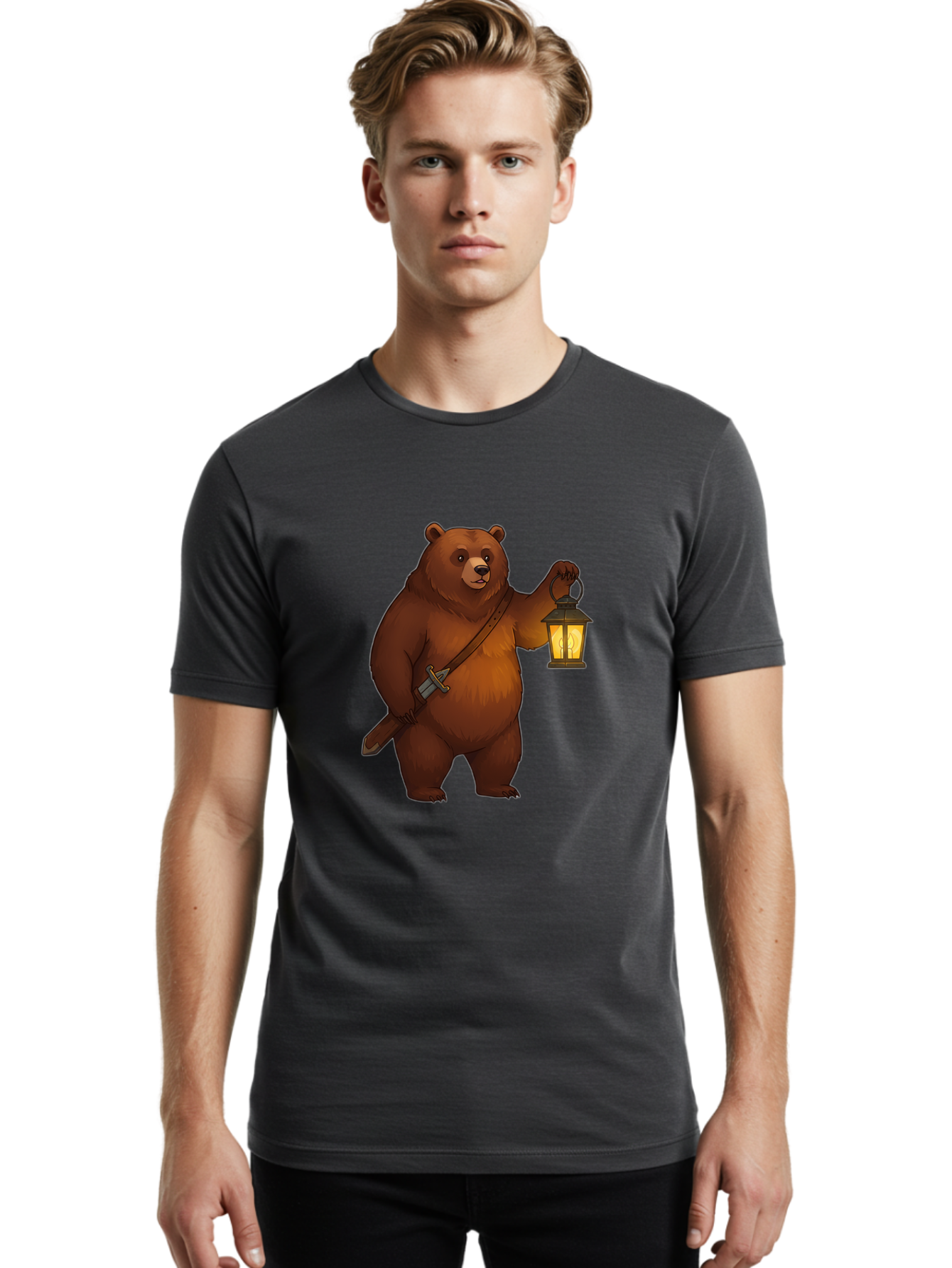 Bear-With-Lantern-2 Men'S Graphic Tee, 100% Cotton, Comfortable Casual Summer Wear, Machine Washable, Vintage Camera, Old Camera, Antique Camera, Black Camera, Classic Photography, Photography Equipment, Nostalgic Device, Film Camera, Camera Art Bae879