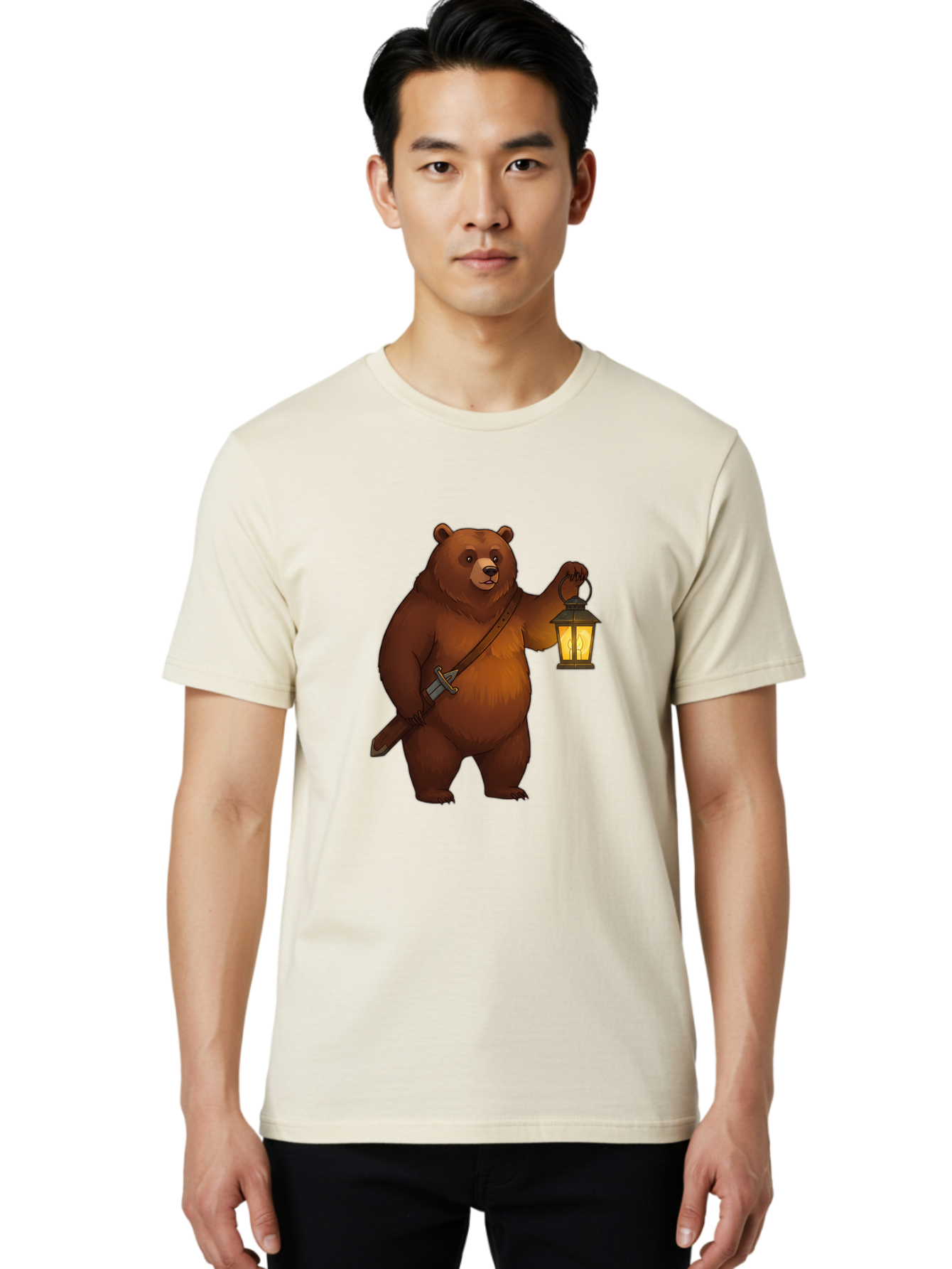 Bear-With-Lantern-2 Men'S Graphic Tee, 100% Cotton, Comfortable Casual Summer Wear, Machine Washable, Vintage Camera, Old Camera, Antique Camera, Black Camera, Classic Photography, Photography Equipment, Nostalgic Device, Film Camera, Camera Art Bae879
