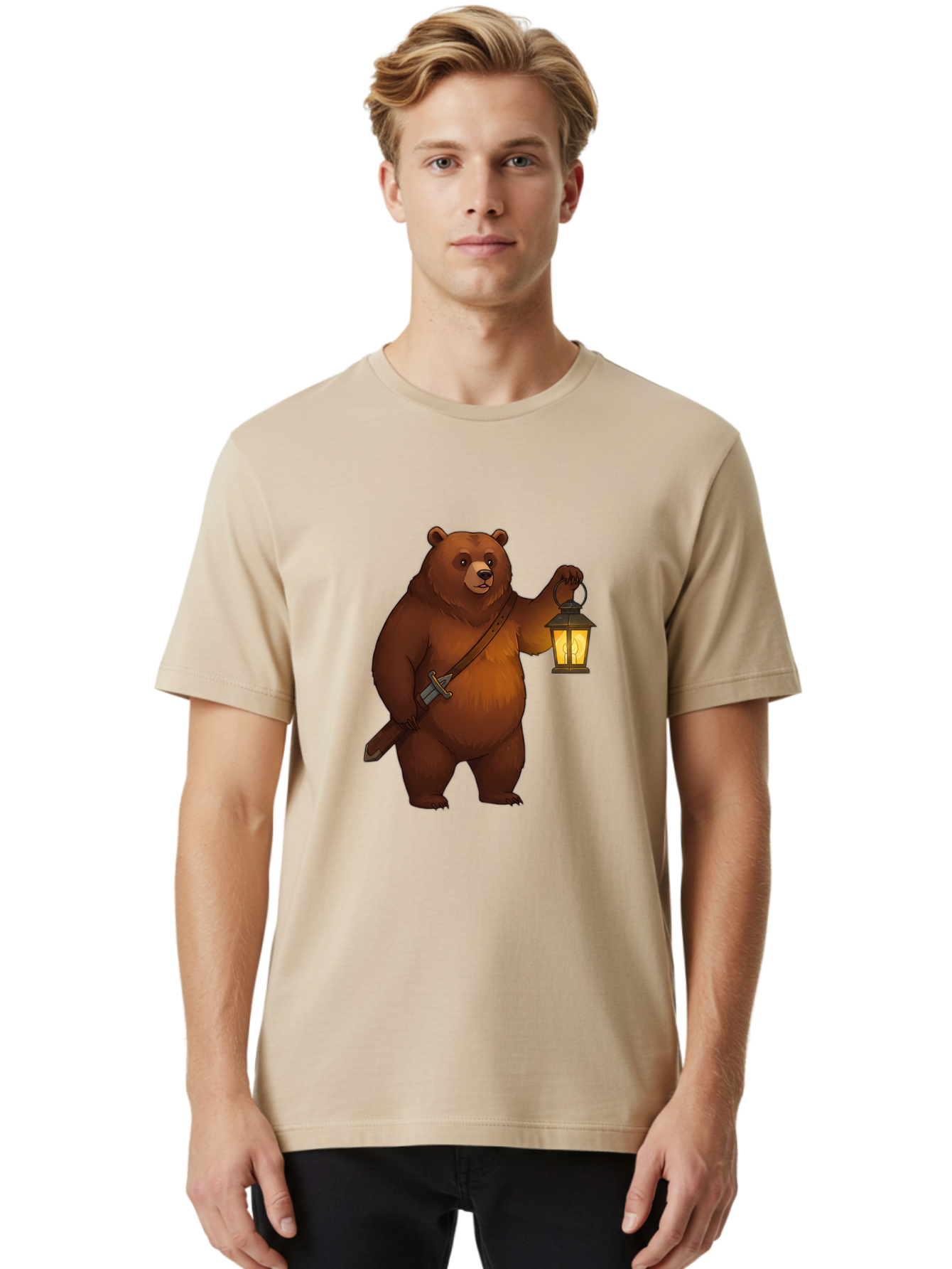 Bear-With-Lantern-2 Men'S Graphic Tee, 100% Cotton, Comfortable Casual Summer Wear, Machine Washable, Vintage Camera, Old Camera, Antique Camera, Black Camera, Classic Photography, Photography Equipment, Nostalgic Device, Film Camera, Camera Art Bae879
