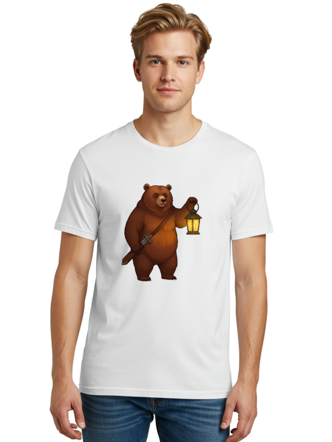 Bear-With-Lantern-2 Men'S Graphic Tee, 100% Cotton, Comfortable Casual Summer Wear, Machine Washable, Vintage Camera, Old Camera, Antique Camera, Black Camera, Classic Photography, Photography Equipment, Nostalgic Device, Film Camera, Camera Art Bae879