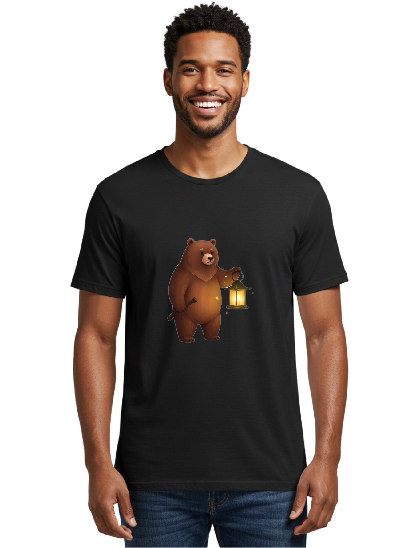 Bear-With-Lantern-3 Men'S Graphic Tee, 100% Cotton, Comfortable Casual Summer Wear, Machine Washable, Vintage Camera, Old Camera, Antique Camera, Black Camera, Classic Photography, Photography Equipment, Nostalgic Device, Film Camera, Camera Art Bae880
