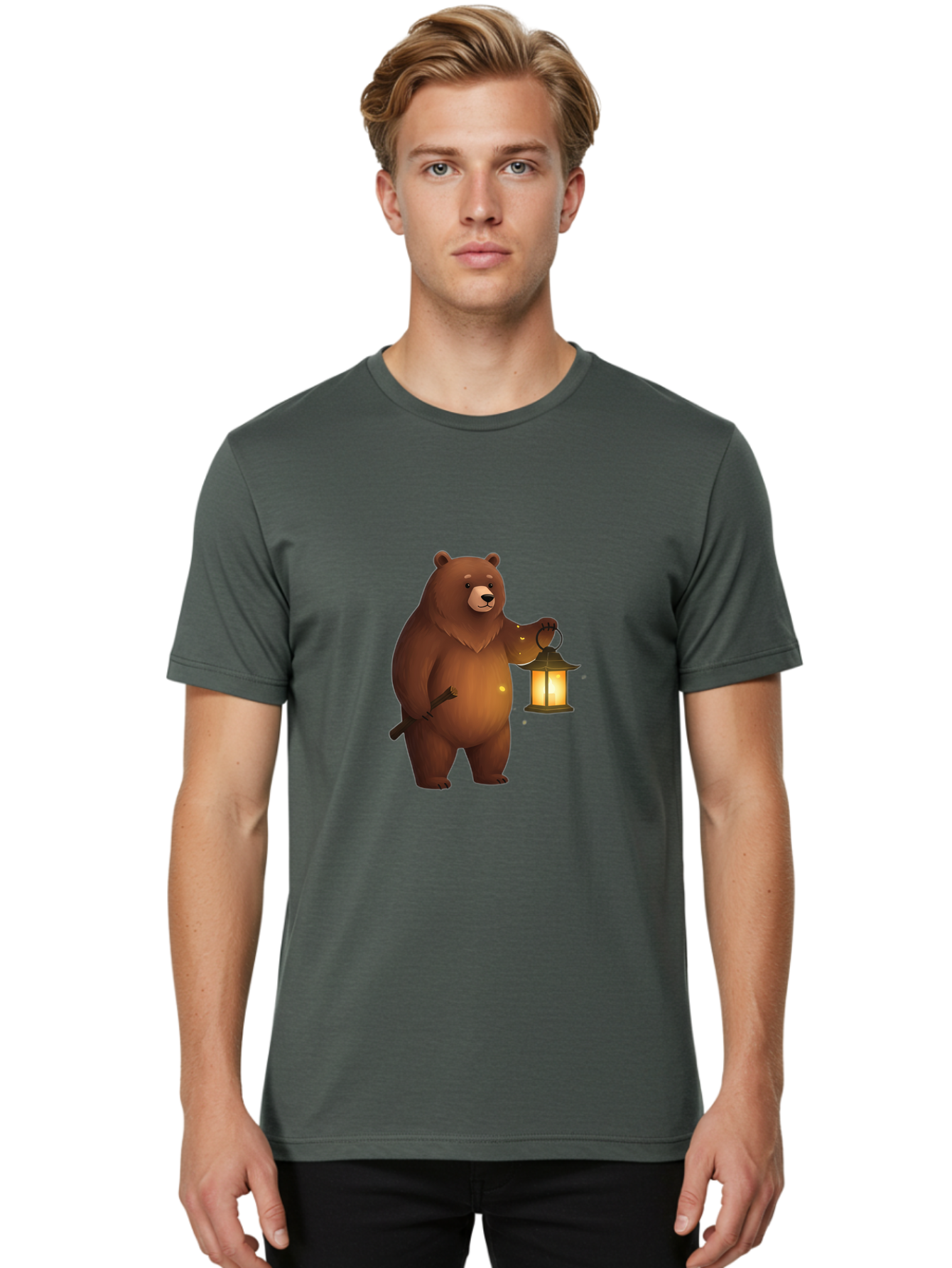 Bear-With-Lantern-3 Men'S Graphic Tee, 100% Cotton, Comfortable Casual Summer Wear, Machine Washable, Vintage Camera, Old Camera, Antique Camera, Black Camera, Classic Photography, Photography Equipment, Nostalgic Device, Film Camera, Camera Art Bae880