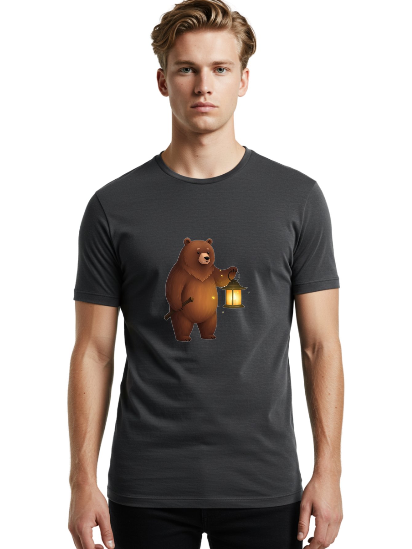 Bear-With-Lantern-3 Men'S Graphic Tee, 100% Cotton, Comfortable Casual Summer Wear, Machine Washable, Vintage Camera, Old Camera, Antique Camera, Black Camera, Classic Photography, Photography Equipment, Nostalgic Device, Film Camera, Camera Art Bae880