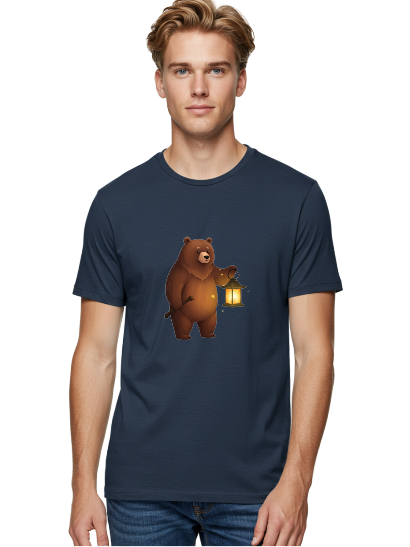 Bear-With-Lantern-3 Men'S Graphic Tee, 100% Cotton, Comfortable Casual Summer Wear, Machine Washable, Vintage Camera, Old Camera, Antique Camera, Black Camera, Classic Photography, Photography Equipment, Nostalgic Device, Film Camera, Camera Art Bae880