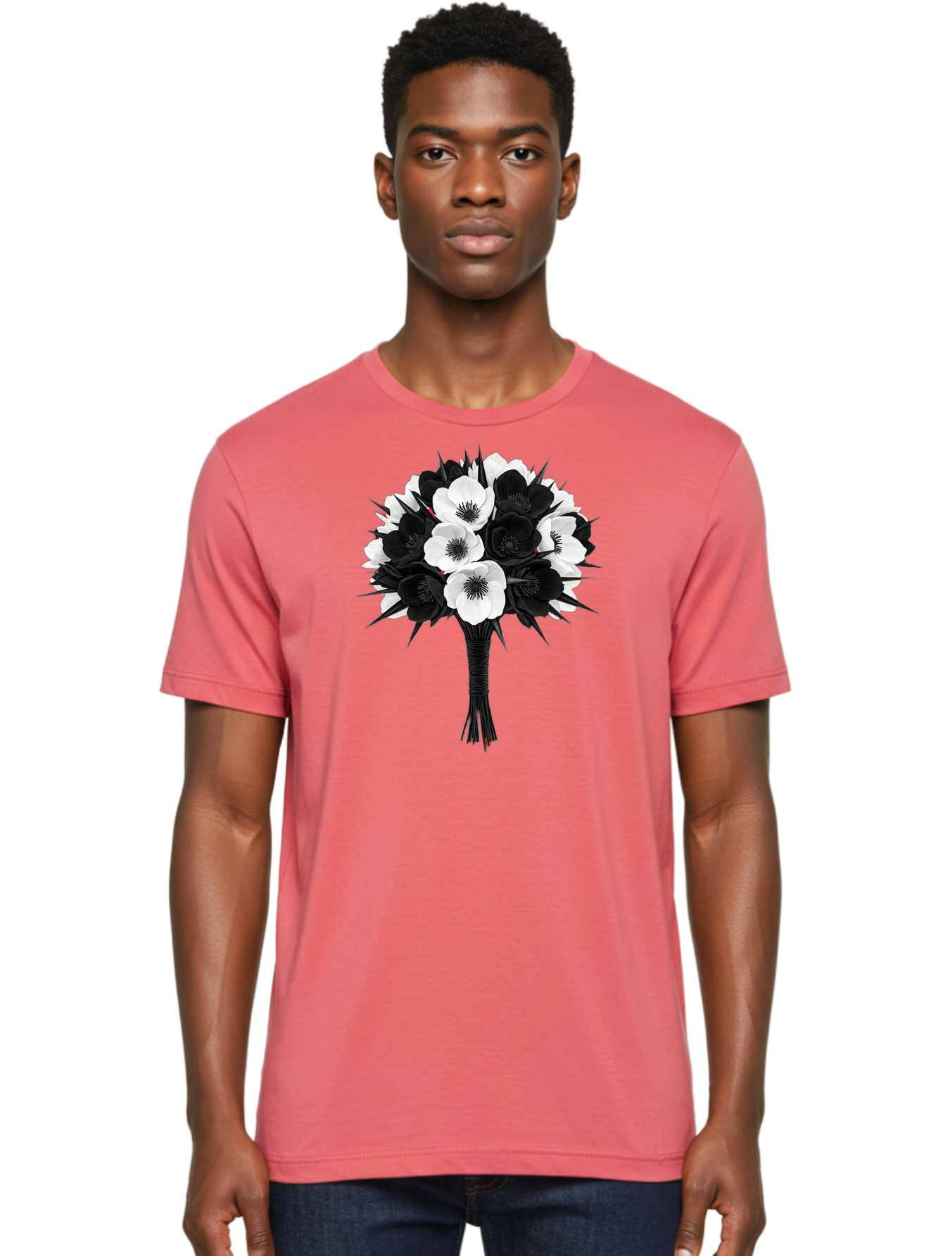 Black-And-White-Anemone-Bouquet Men'S Graphic Tee, 100% Cotton, Comfortable Casual Summer Wear, Machine Washable, Vintage Camera, Old Camera, Antique Camera, Black Camera, Classic Photography, Photography Equipment, Nostalgic Device, Bae895
