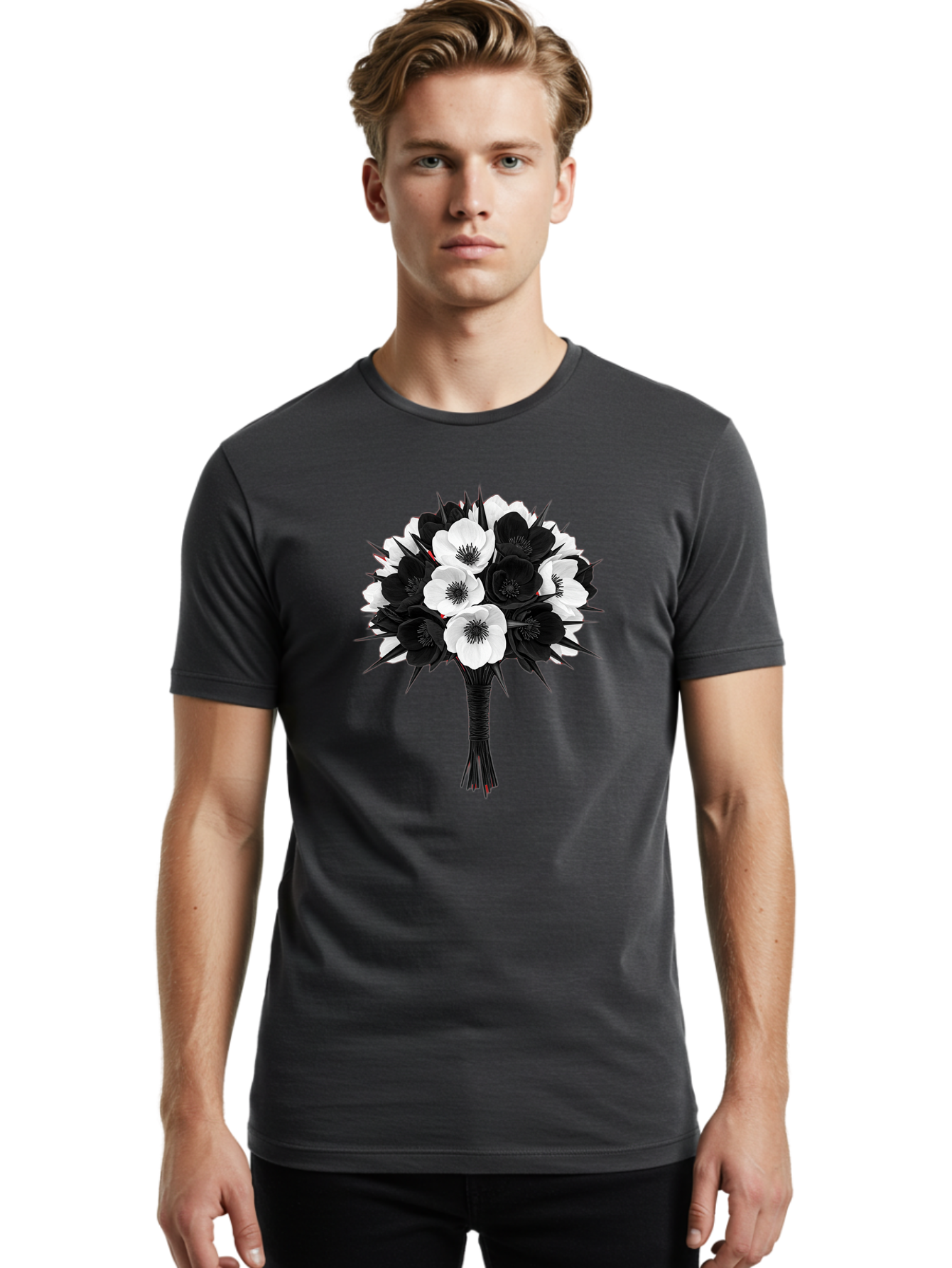 Black-And-White-Anemone-Bouquet Men'S Graphic Tee, 100% Cotton, Comfortable Casual Summer Wear, Machine Washable, Vintage Camera, Old Camera, Antique Camera, Black Camera, Classic Photography, Photography Equipment, Nostalgic Device, Bae895