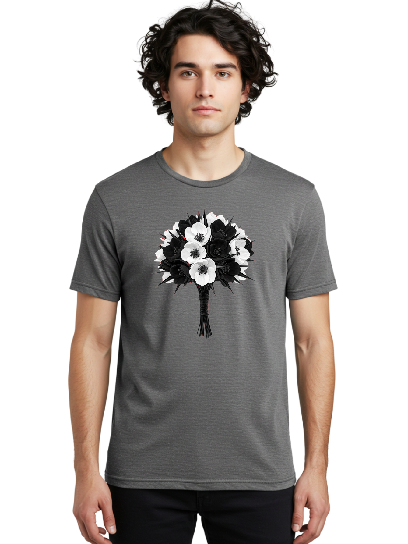 Black-And-White-Anemone-Bouquet Men'S Graphic Tee, 100% Cotton, Comfortable Casual Summer Wear, Machine Washable, Vintage Camera, Old Camera, Antique Camera, Black Camera, Classic Photography, Photography Equipment, Nostalgic Device, Bae895