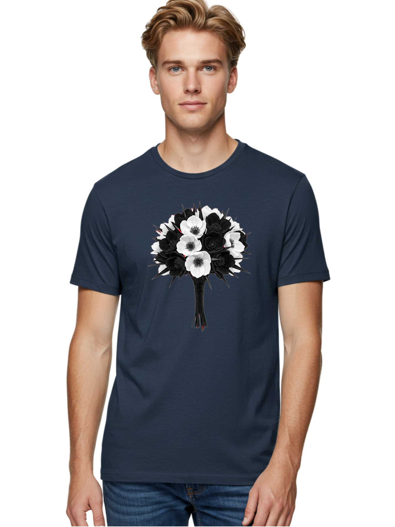 Black-And-White-Anemone-Bouquet Men'S Graphic Tee, 100% Cotton, Comfortable Casual Summer Wear, Machine Washable, Vintage Camera, Old Camera, Antique Camera, Black Camera, Classic Photography, Photography Equipment, Nostalgic Device, Bae895