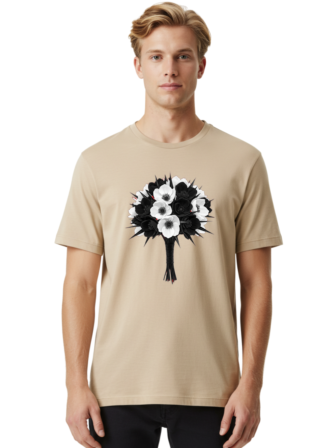 Black-And-White-Anemone-Bouquet Men'S Graphic Tee, 100% Cotton, Comfortable Casual Summer Wear, Machine Washable, Vintage Camera, Old Camera, Antique Camera, Black Camera, Classic Photography, Photography Equipment, Nostalgic Device, Bae895