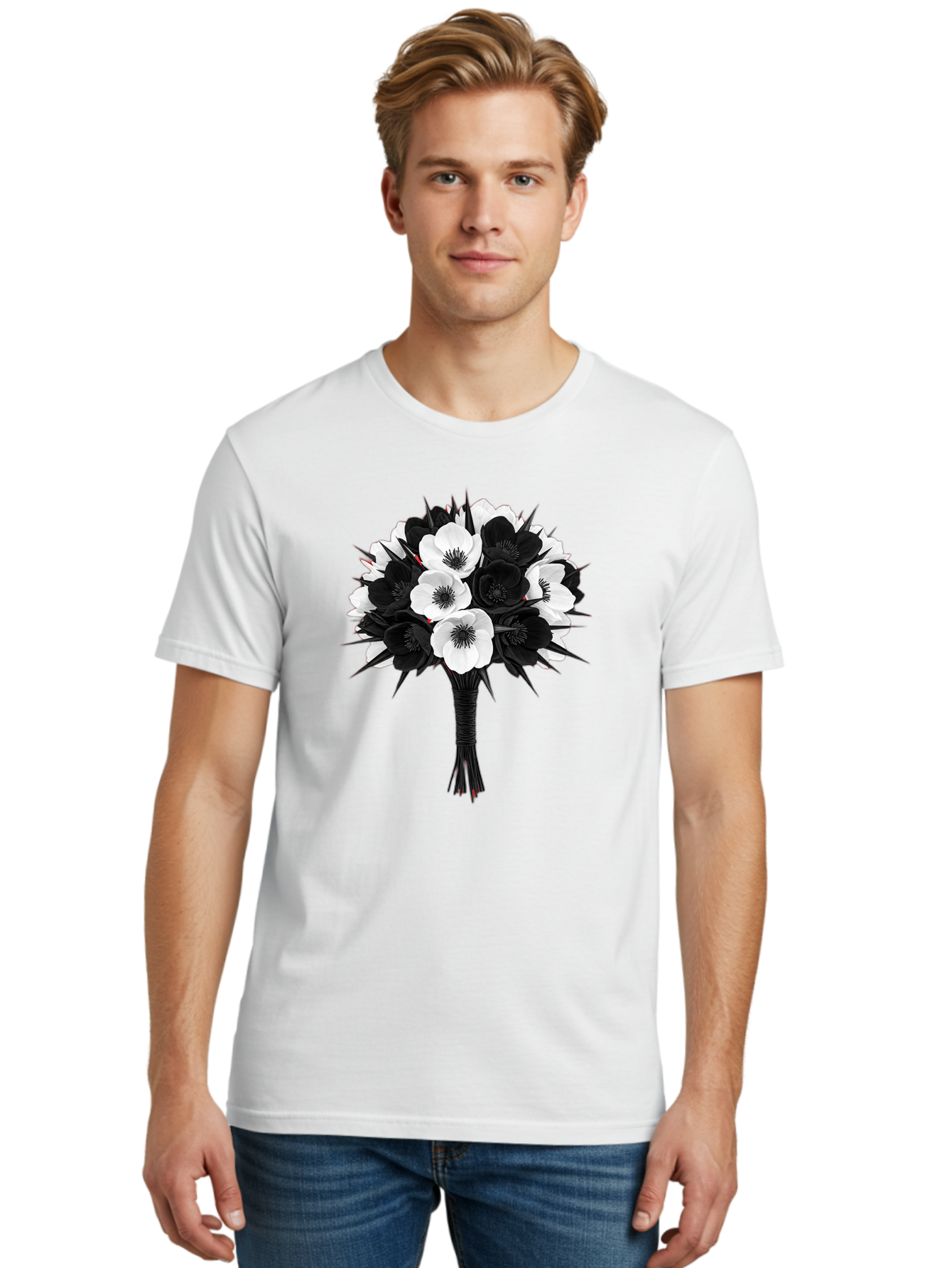 Black-And-White-Anemone-Bouquet Men'S Graphic Tee, 100% Cotton, Comfortable Casual Summer Wear, Machine Washable, Vintage Camera, Old Camera, Antique Camera, Black Camera, Classic Photography, Photography Equipment, Nostalgic Device, Bae895