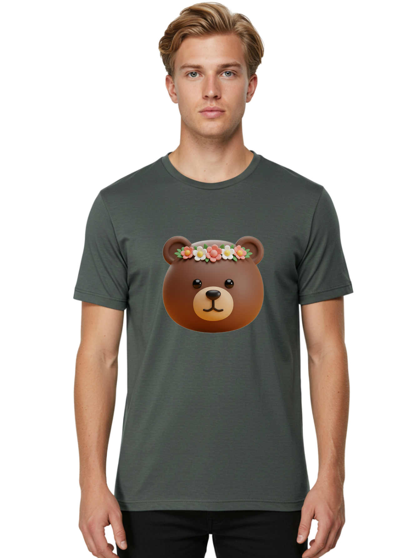 Brown-Bear-Emoji-With-Flowers Men'S Graphic Tee, 100% Cotton, Comfortable Casual Summer Wear, Machine Washable, Vintage Camera, Old Camera, Antique Camera, Black Camera, Classic Photography, Photography Equipment, Nostalgic Device, Bae919