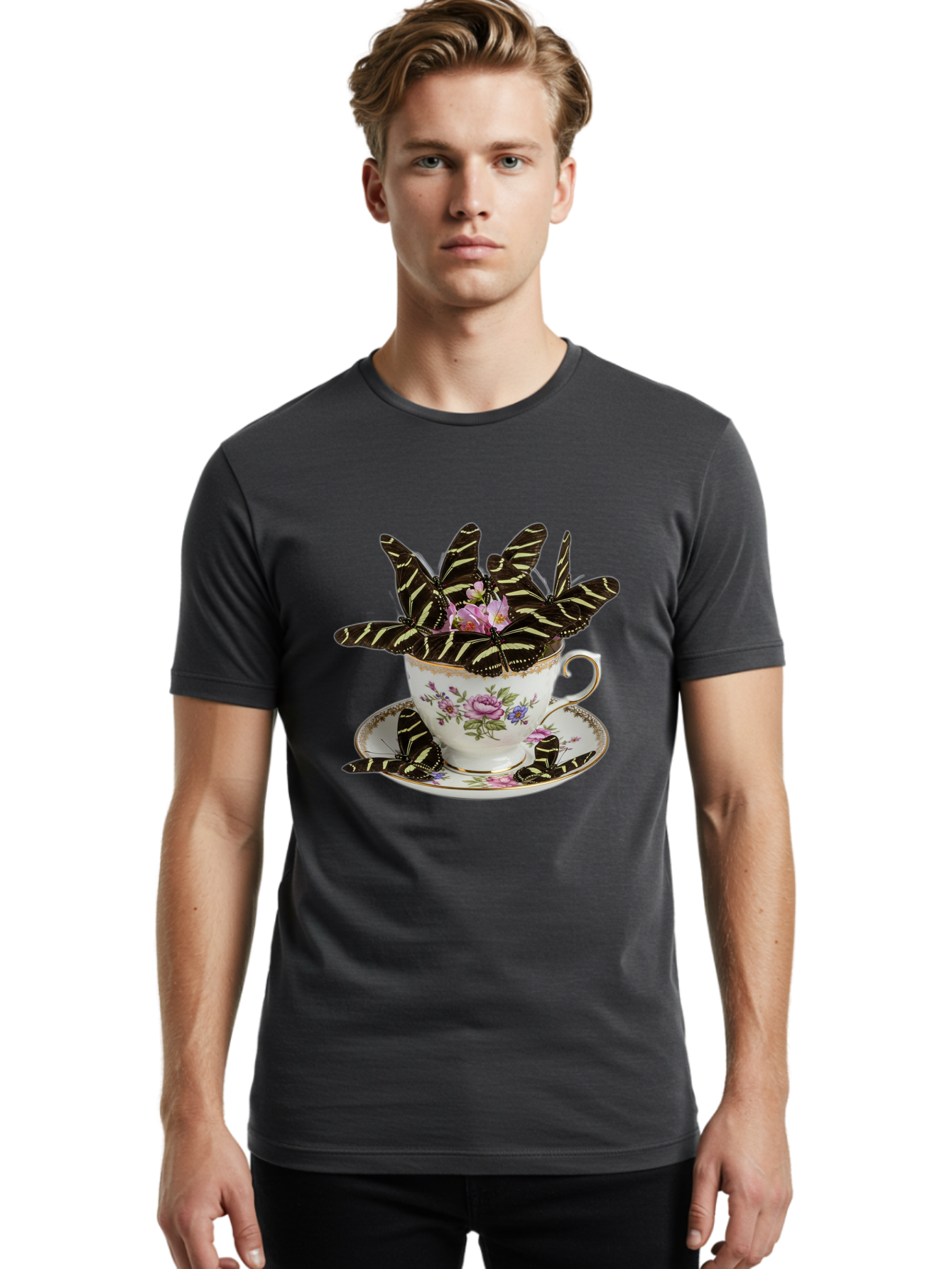 Butterflies-In-Tea-Cup Men'S Graphic Tee, 100% Cotton, Comfortable Casual Summer Wear, Machine Washable, Vintage Camera, Old Camera, Antique Camera, Black Camera, Classic Photography, Photography Equipment, Nostalgic Device, Film Camera, Bae939