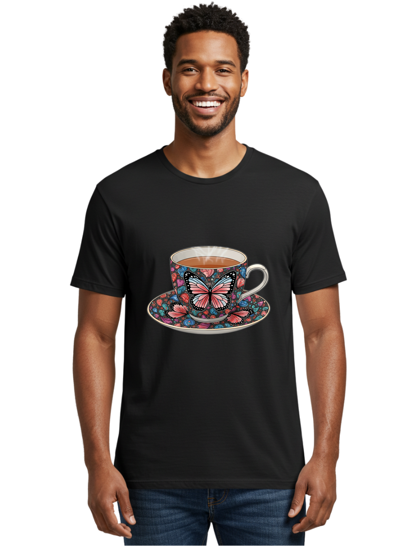 Butterfly-Tea-Cup-1 Men'S Graphic Tee, 100% Cotton, Comfortable Casual Summer Wear, Machine Washable, Vintage Camera, Old Camera, Antique Camera, Black Camera, Classic Photography, Photography Equipment, Nostalgic Device, Film Camera, Bae941
