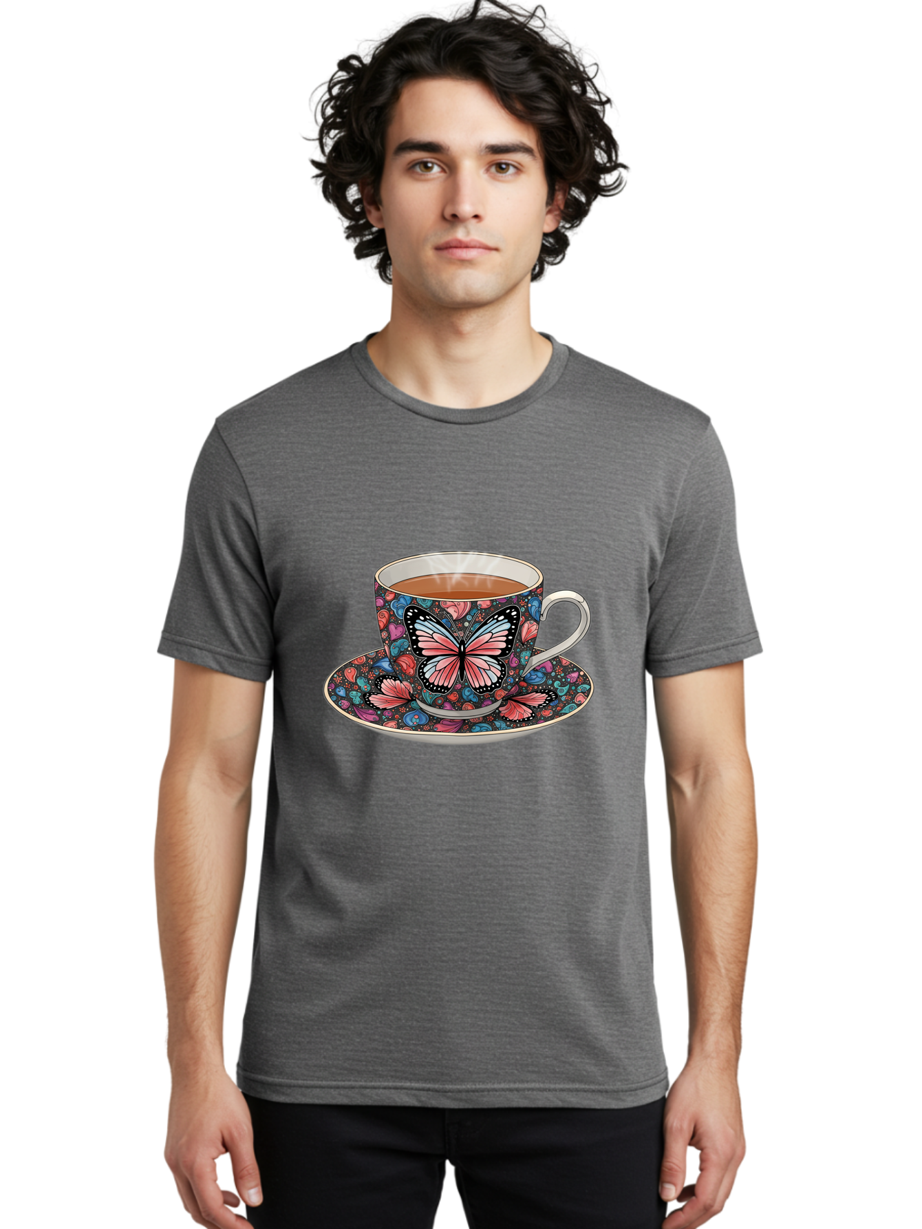 Butterfly-Tea-Cup-1 Men'S Graphic Tee, 100% Cotton, Comfortable Casual Summer Wear, Machine Washable, Vintage Camera, Old Camera, Antique Camera, Black Camera, Classic Photography, Photography Equipment, Nostalgic Device, Film Camera, Bae941