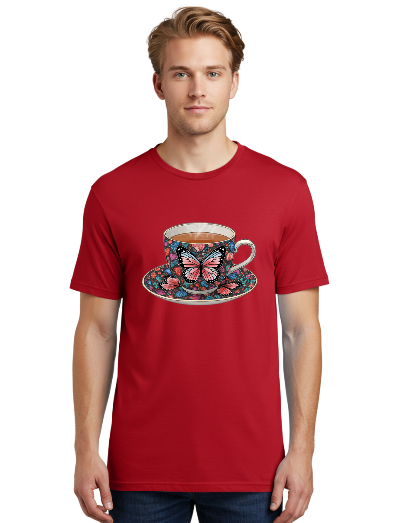 Butterfly-Tea-Cup-1 Men'S Graphic Tee, 100% Cotton, Comfortable Casual Summer Wear, Machine Washable, Vintage Camera, Old Camera, Antique Camera, Black Camera, Classic Photography, Photography Equipment, Nostalgic Device, Film Camera, Bae941