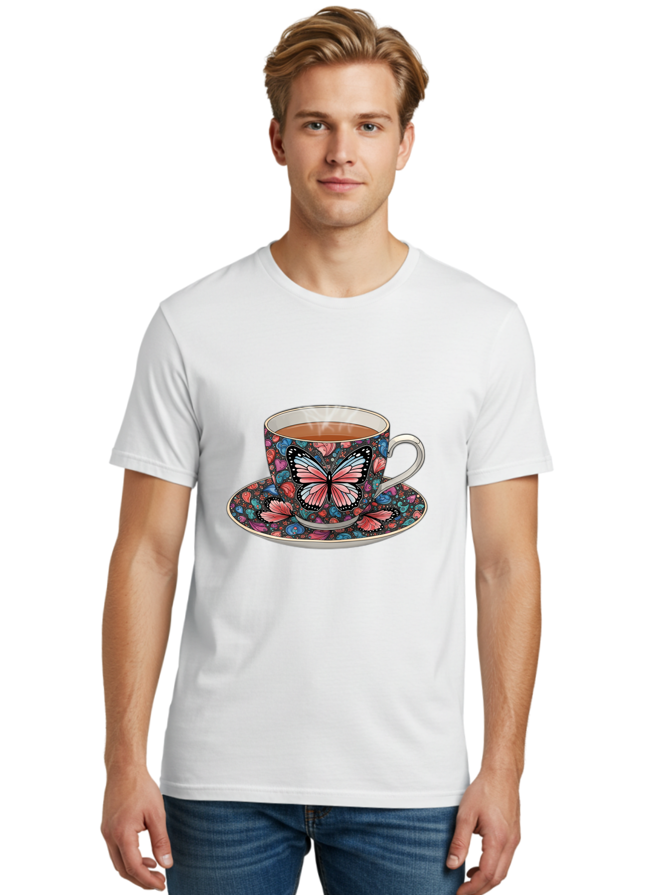 Butterfly-Tea-Cup-1 Men'S Graphic Tee, 100% Cotton, Comfortable Casual Summer Wear, Machine Washable, Vintage Camera, Old Camera, Antique Camera, Black Camera, Classic Photography, Photography Equipment, Nostalgic Device, Film Camera, Bae941