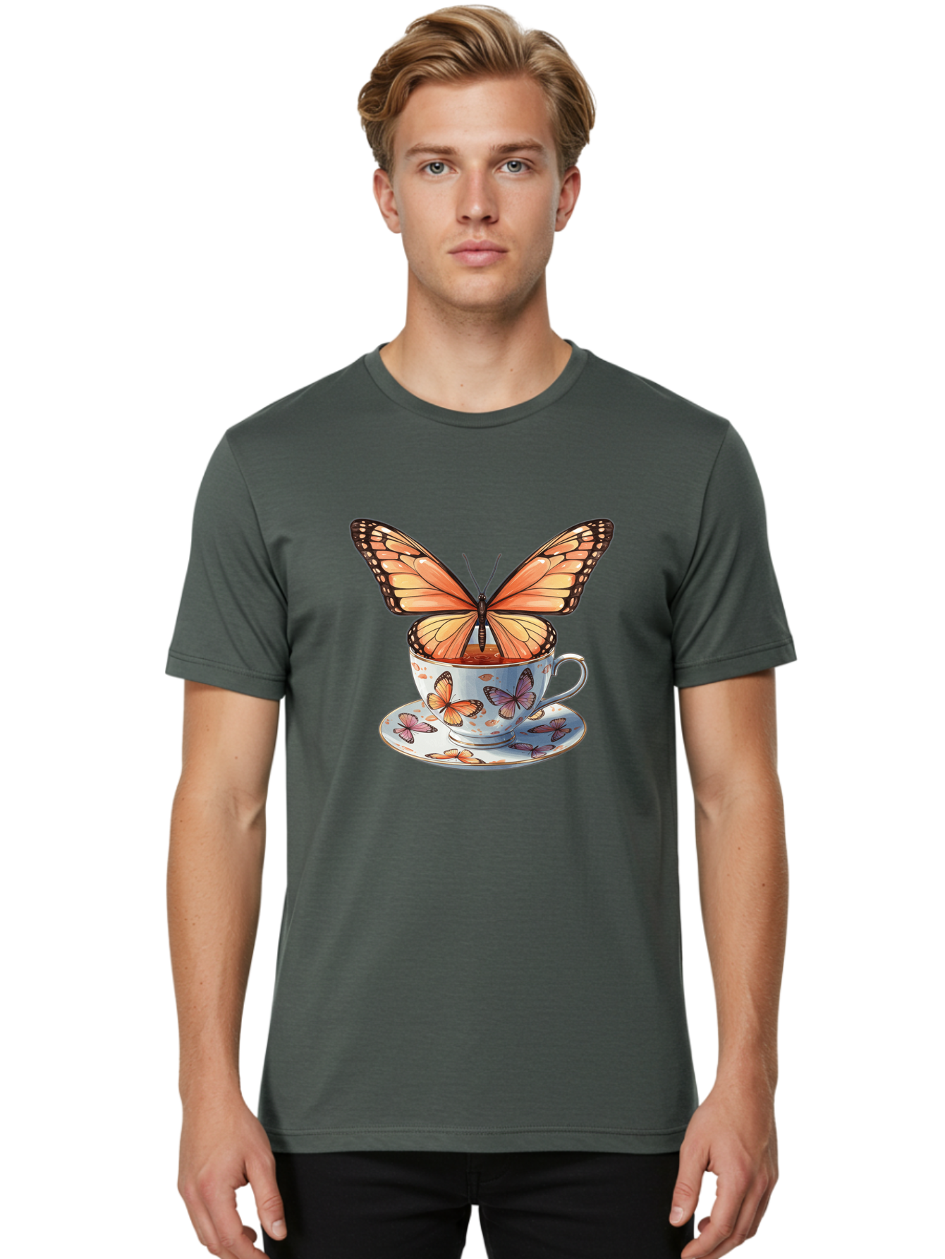 Butterfly-Teacup Men'S Graphic Tee, 100% Cotton, Comfortable Casual Summer Wear, Machine Washable, Vintage Camera, Old Camera, Antique Camera, Black Camera, Classic Photography, Photography Equipment, Nostalgic Device, Film Camera, Camera Art Bae944