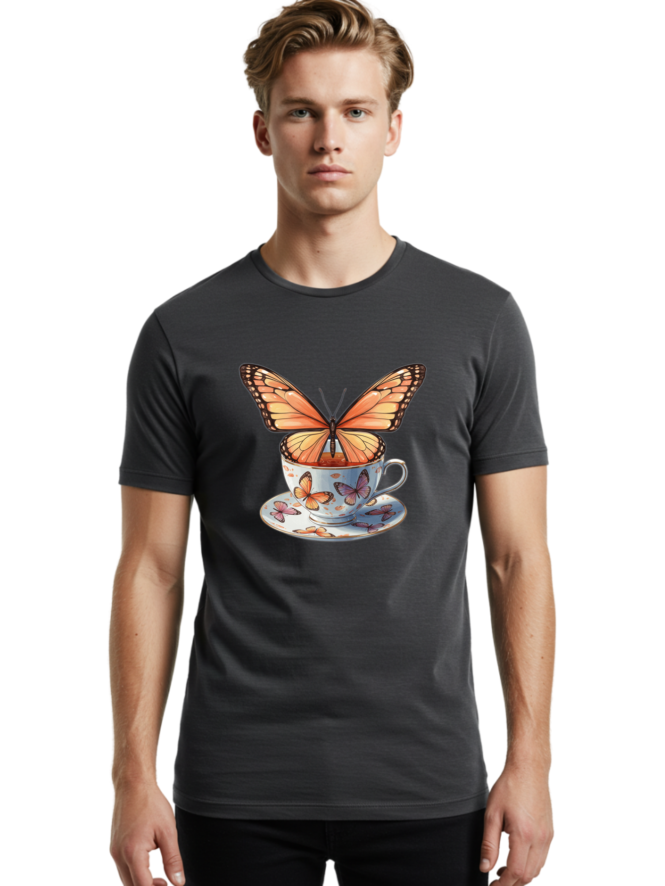 Butterfly-Teacup Men'S Graphic Tee, 100% Cotton, Comfortable Casual Summer Wear, Machine Washable, Vintage Camera, Old Camera, Antique Camera, Black Camera, Classic Photography, Photography Equipment, Nostalgic Device, Film Camera, Camera Art Bae944