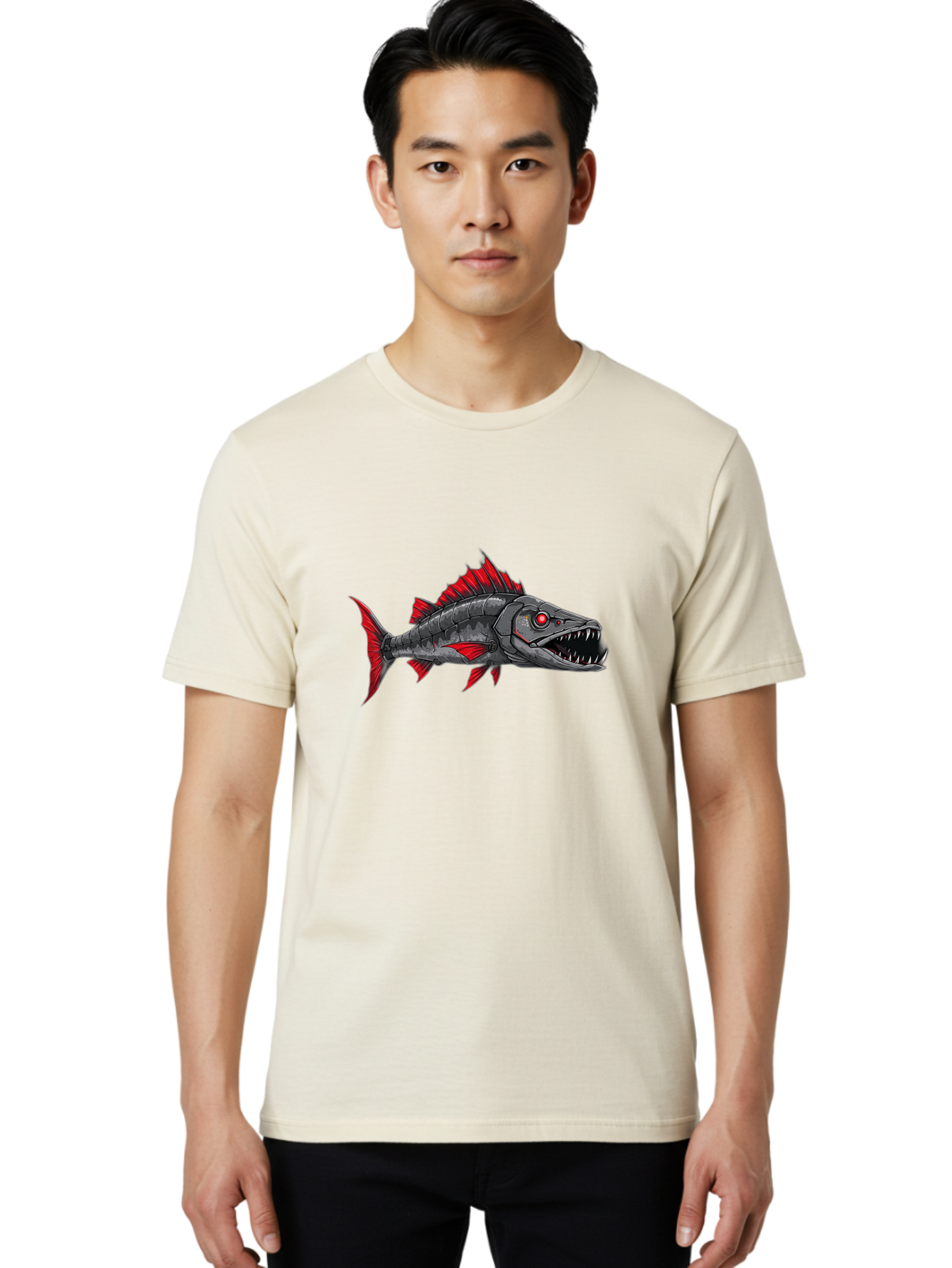 Cyborg-Shark Men'S Graphic Tee, 100% Cotton, Comfortable Casual Summer Wear, Machine Washable, Vintage Camera, Old Camera, Antique Camera, Black Camera, Classic Photography, Photography Equipment, Nostalgic Device, Film Camera, Camera Art Baf013