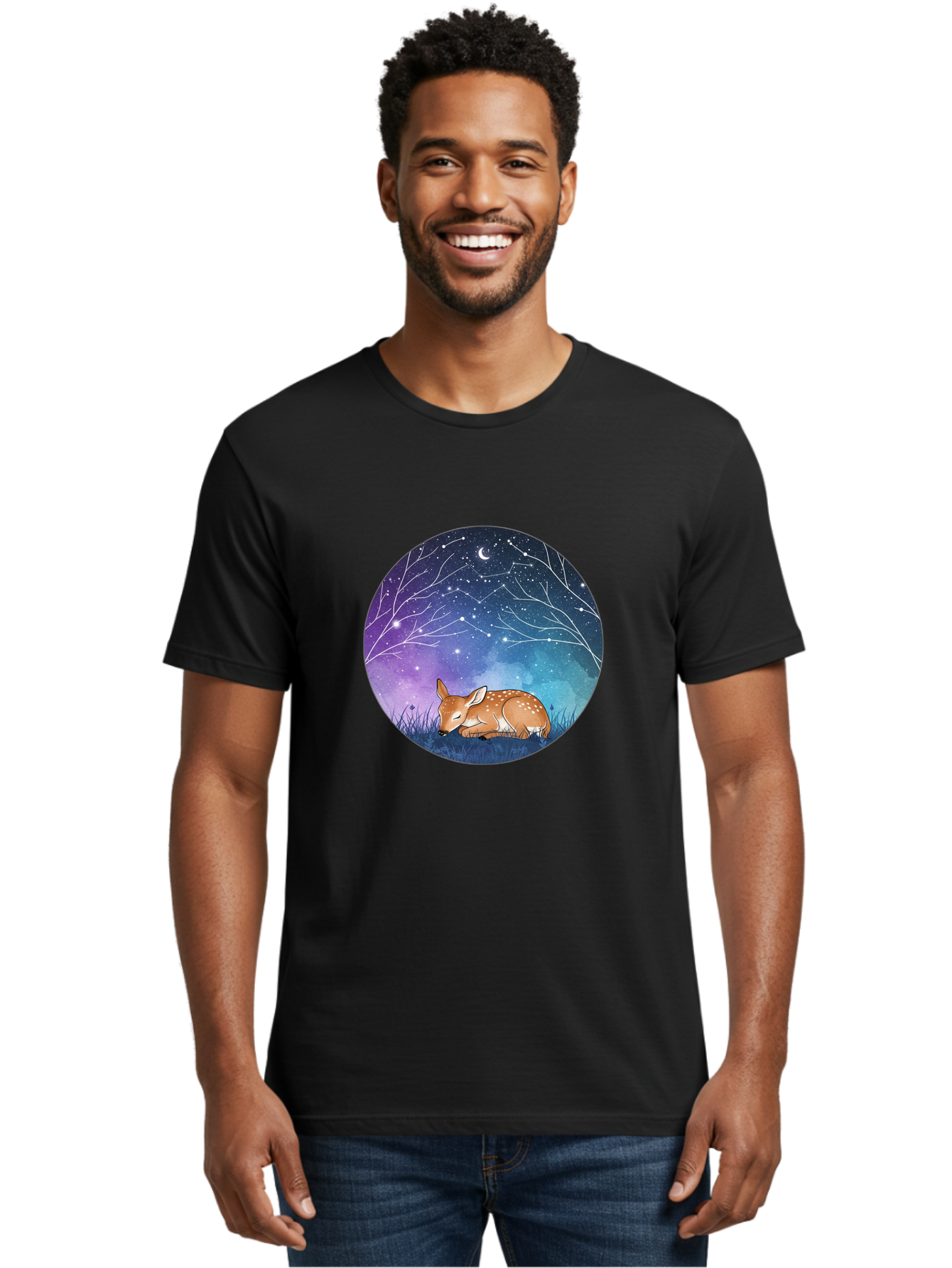 Deer-Under-Starry-Night-Sky Men'S Graphic Tee, 100% Cotton, Comfortable Casual Summer Wear, Machine Washable, Vintage Camera, Old Camera, Antique Camera, Black Camera, Classic Photography, Photography Equipment, Nostalgic Device, Film Camera, Baf030