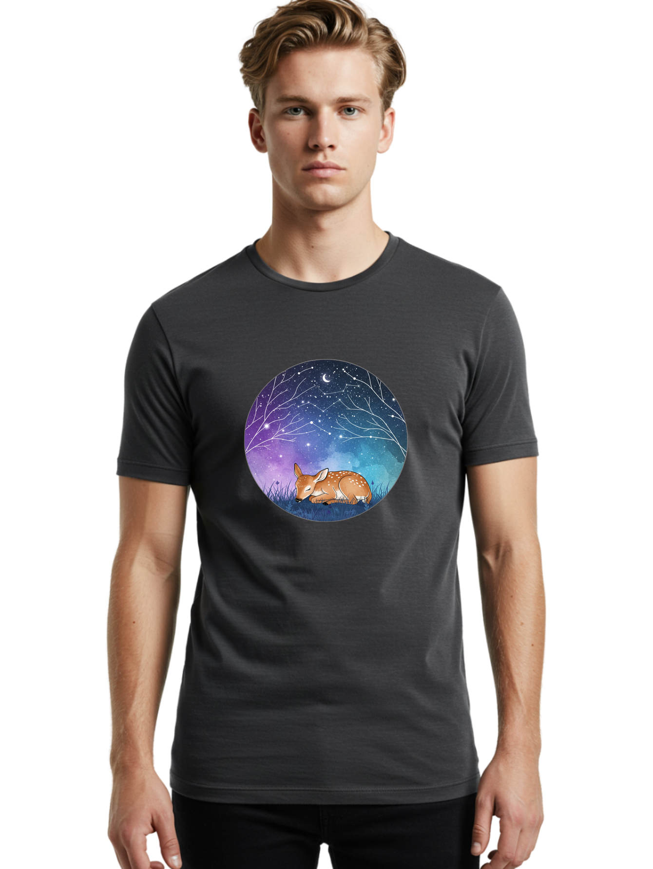 Deer-Under-Starry-Night-Sky Men'S Graphic Tee, 100% Cotton, Comfortable Casual Summer Wear, Machine Washable, Vintage Camera, Old Camera, Antique Camera, Black Camera, Classic Photography, Photography Equipment, Nostalgic Device, Film Camera, Baf030