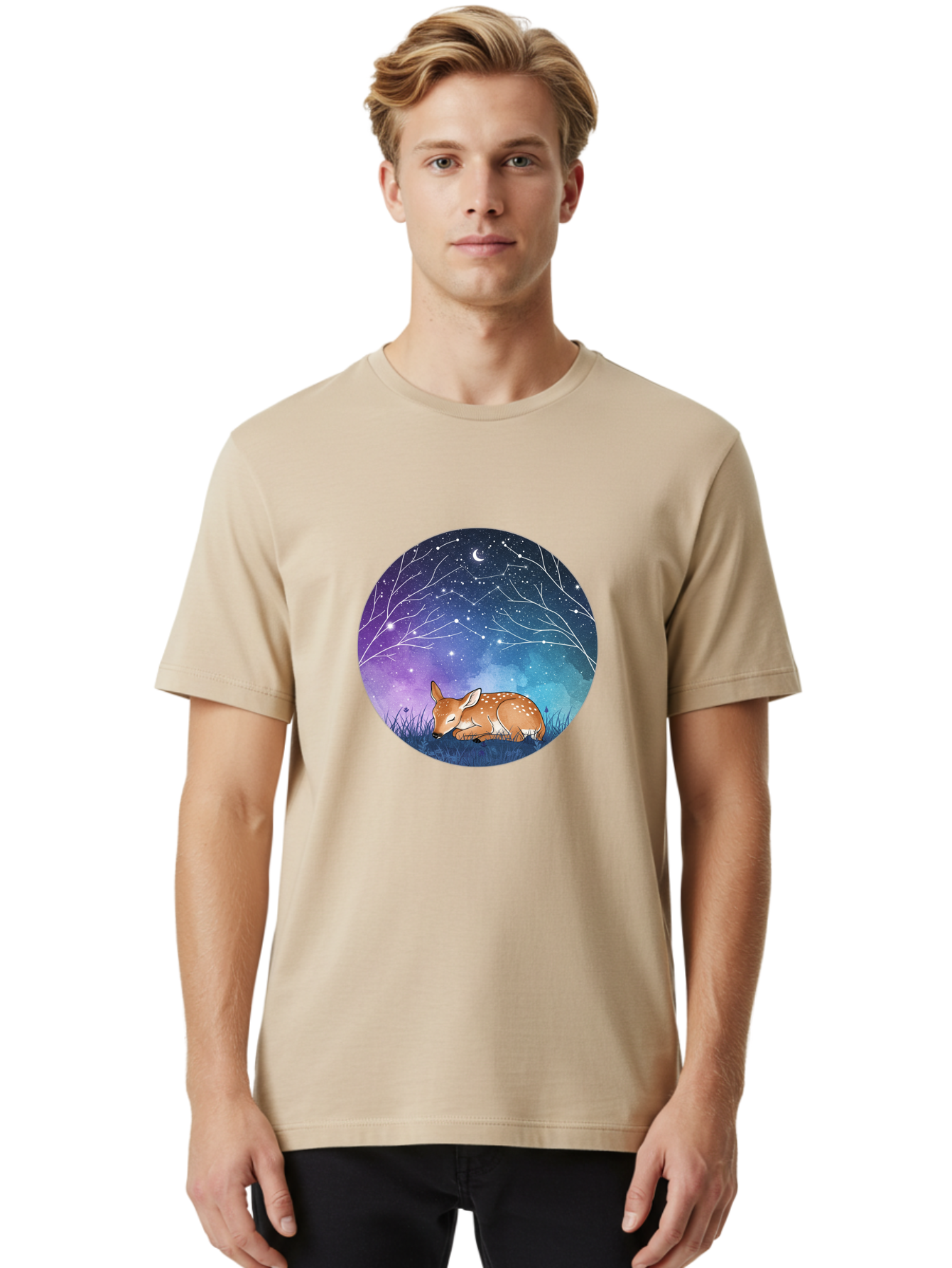 Deer-Under-Starry-Night-Sky Men'S Graphic Tee, 100% Cotton, Comfortable Casual Summer Wear, Machine Washable, Vintage Camera, Old Camera, Antique Camera, Black Camera, Classic Photography, Photography Equipment, Nostalgic Device, Film Camera, Baf030